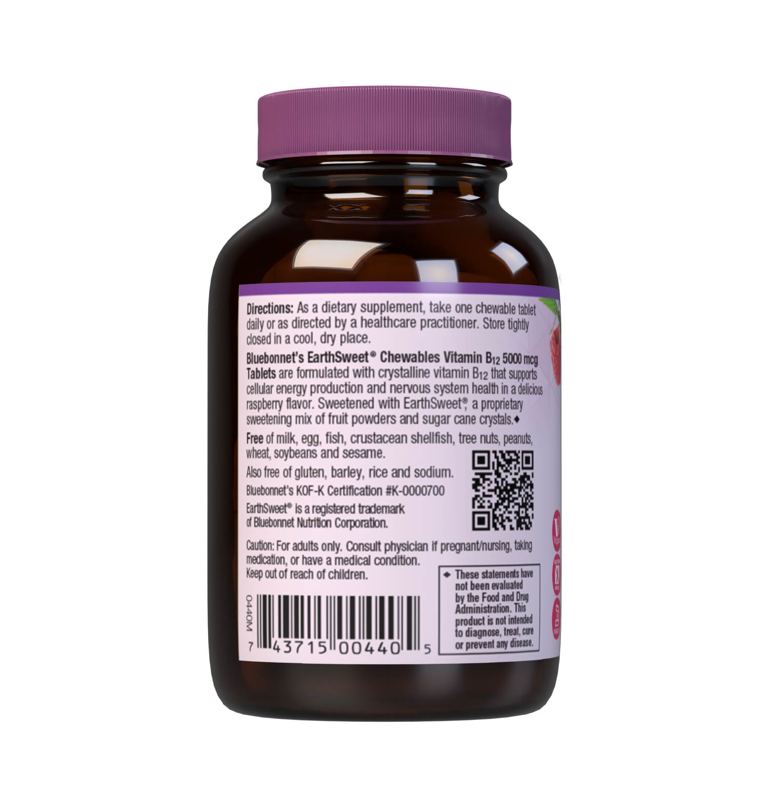 Bluebonnet’s EarthSweet Chewables Vitamin B12 5000 mcg Tablets are formulated with crystalline vitamin B12 that supports cellular energy production and nervous system health in a delicious raspberry flavor. Sweetened with EarthSweet, a proprietary sweetening mix of fruit powders and sugar cane crystals. 30 chewable tablets bottle. Description panel. #size_30 count