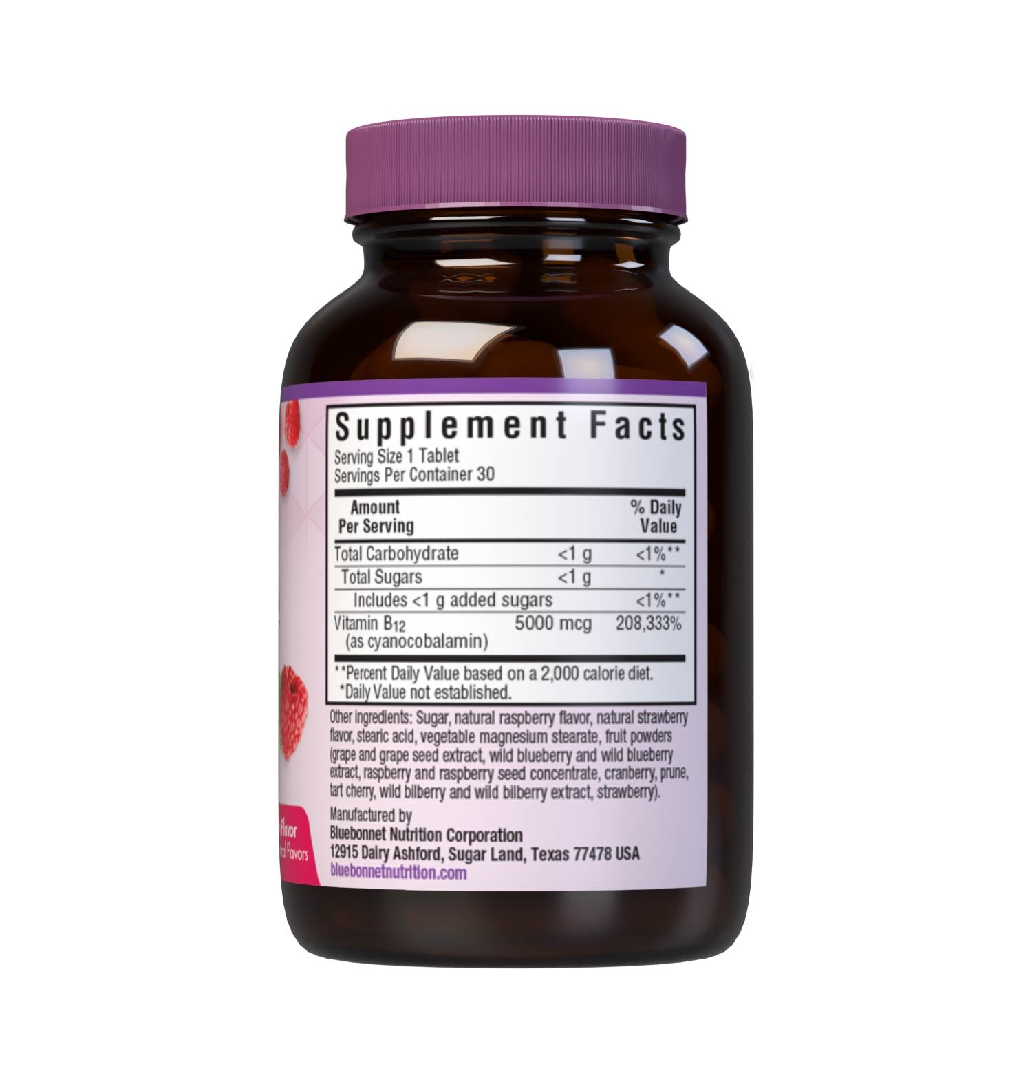 Bluebonnet’s EarthSweet Chewables Vitamin B12 5000 mcg Tablets are formulated with crystalline vitamin B12 that supports cellular energy production and nervous system health in a delicious raspberry flavor. Sweetened with EarthSweet, a proprietary sweetening mix of fruit powders and sugar cane crystals. 30 chewable tablets bottle. Supplement facts panel. #size_30 count