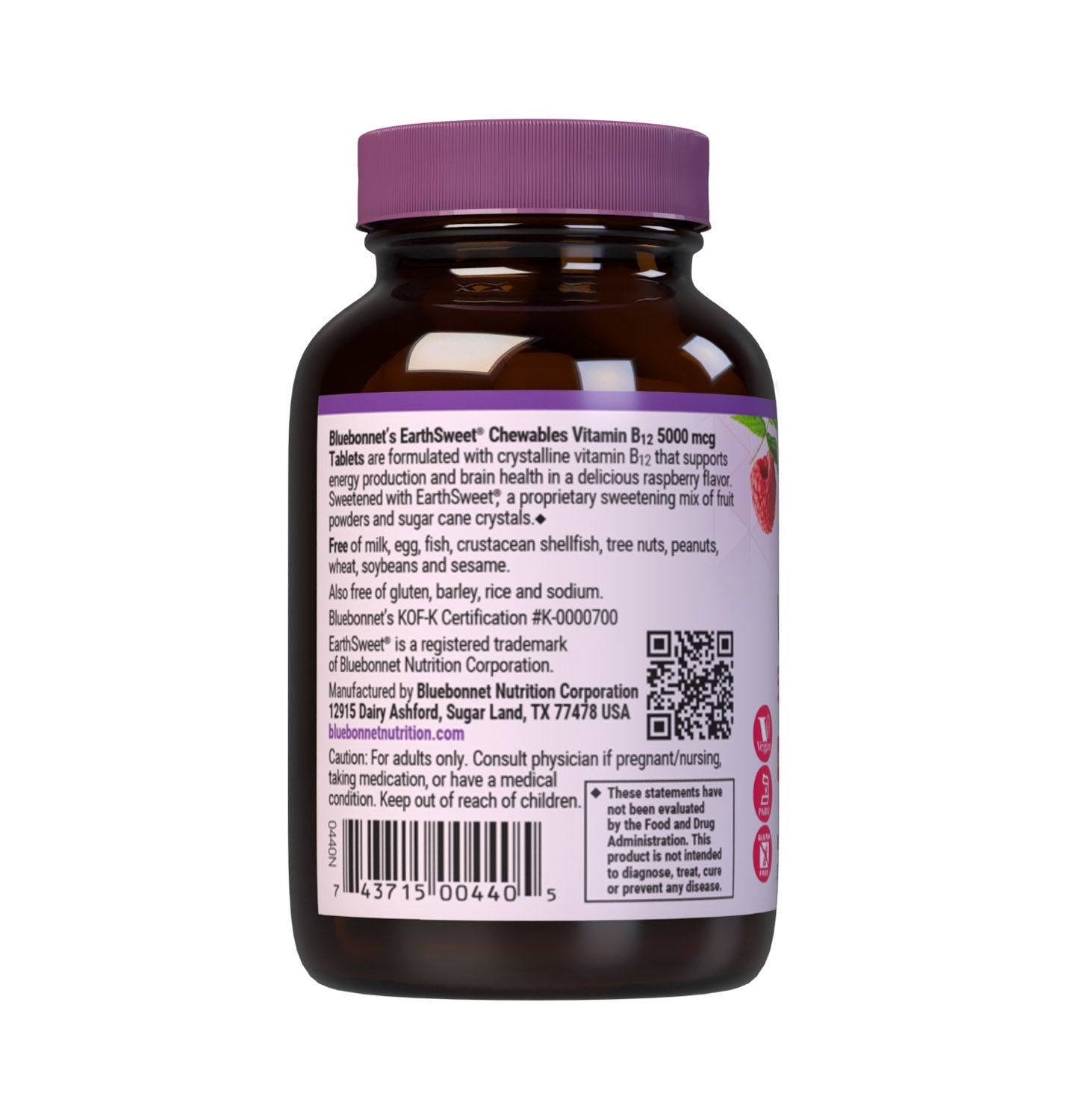 Bluebonnet’s EarthSweet Chewables Vitamin B12 5000 mcg Tablets are formulated with crystalline vitamin B12 that supports cellular energy production and nervous system health in a delicious raspberry flavor. Sweetened with EarthSweet, a proprietary sweetening mix of fruit powders and sugar cane crystals. 30 chewable tablets bottle. Description panel. #size_30 count