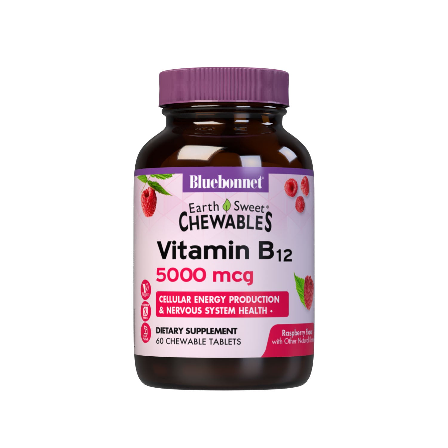 Bluebonnet’s EarthSweet Chewables Vitamin B12 5000 mcg Tablets are formulated with crystalline vitamin B12 that supports cellular energy production and nervous system health in a delicious raspberry flavor. Sweetened with EarthSweet, a proprietary sweetening mix of fruit powders and sugar cane crystals. 30 chewable tablets bottle. #size_60 count