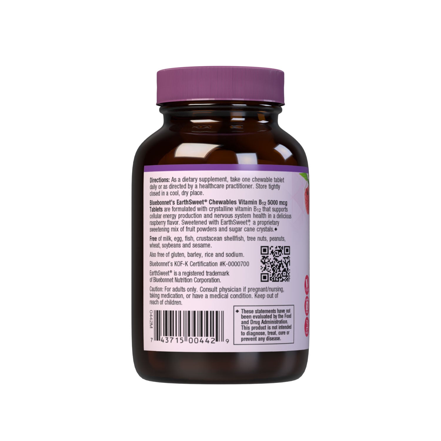 Bluebonnet’s EarthSweet Chewables Vitamin B12 5000 mcg Tablets are formulated with crystalline vitamin B12 that supports cellular energy production and nervous system health in a delicious raspberry flavor. Sweetened with EarthSweet, a proprietary sweetening mix of fruit powders and sugar cane crystals. 30 chewable tablets bottle.  Description panel. #size_60 count