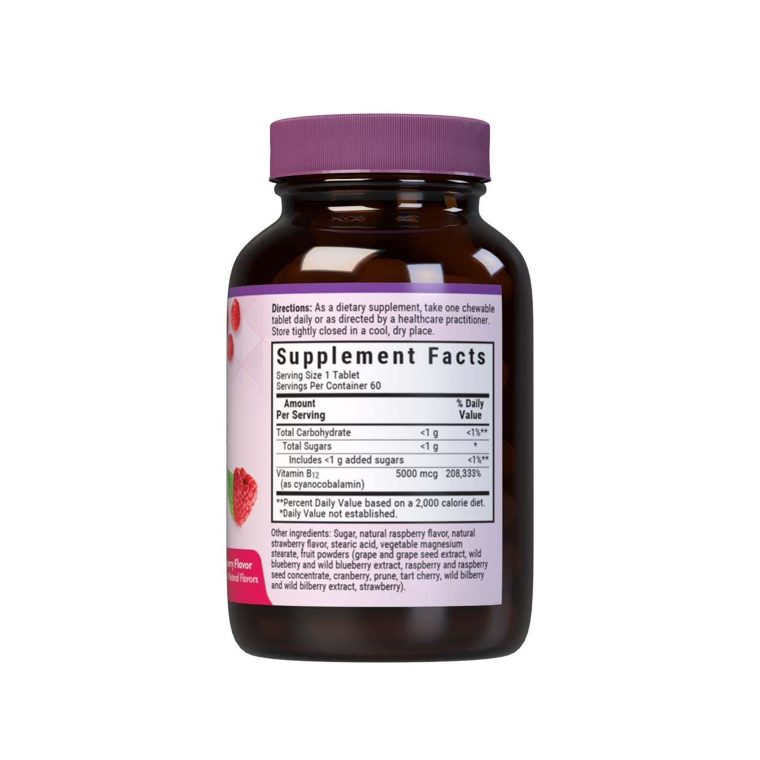 Bluebonnet’s EarthSweet Chewables Vitamin B12 5000 mcg Tablets are formulated with crystalline vitamin B12 that supports cellular energy production and nervous system health in a delicious raspberry flavor. Sweetened with EarthSweet, a proprietary sweetening mix of fruit powders and sugar cane crystals. 30 chewable tablets bottle. Supplement facts panel. #size_60 count
