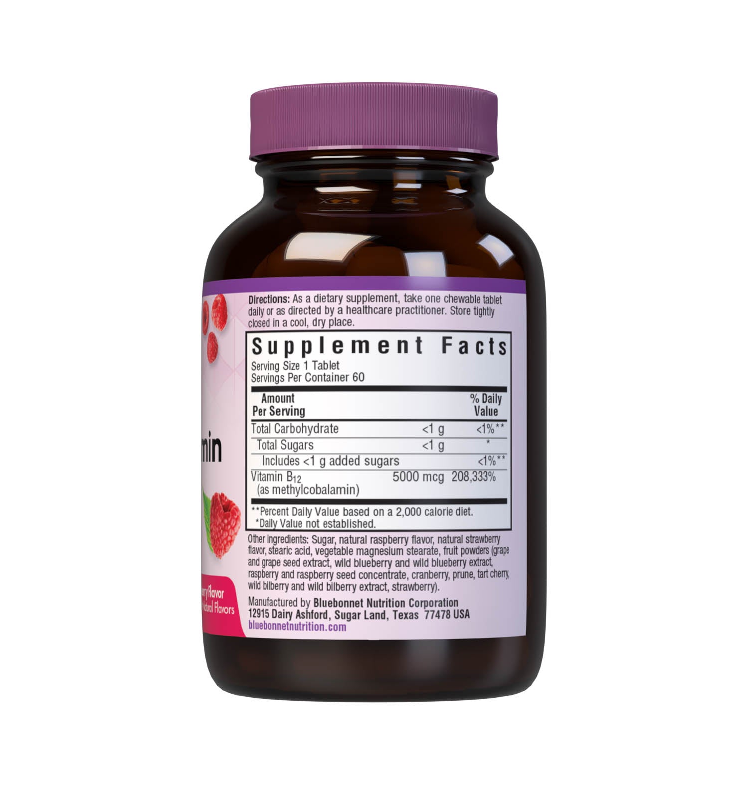 Bluebonnet’s EarthSweet Chewables CellularActive Methylcobalamin 5000 mcg Tablets are formulated with the active, coenzyme form of vitamin B12 that supports cellular energy production and nervous system health in a delicious raspberry flavor. Sweetened with EarthSweet a proprietary sweetening mix of juice powders and sugar cane crystals. 60 chewable tablets bottle. Supplement facts panel. #size_60 count