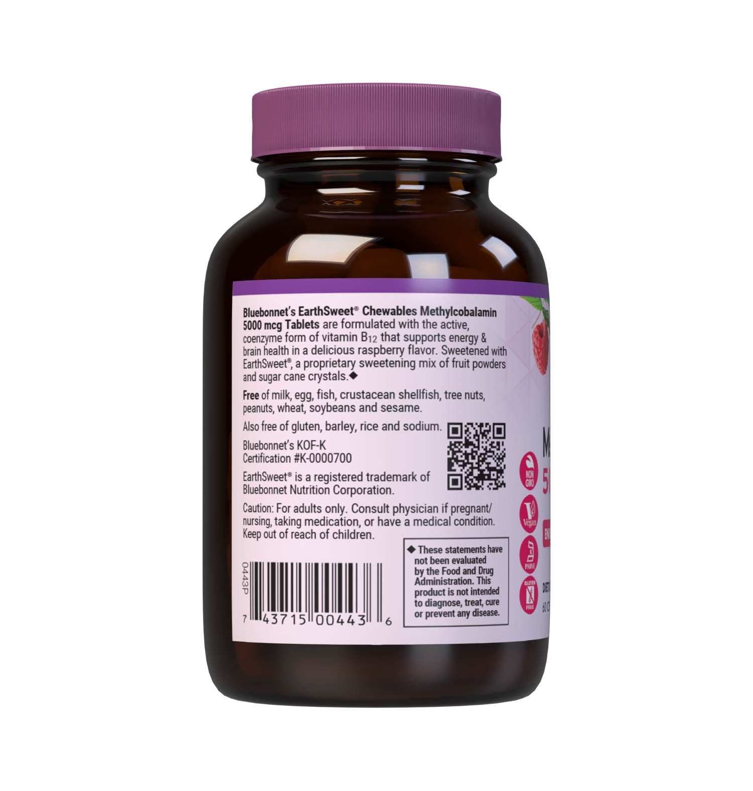 Bluebonnet’s EarthSweet Chewables CellularActive Methylcobalamin 5000 mcg Tablets are formulated with the active, coenzyme form of vitamin B12 that supports cellular energy production and nervous system health in a delicious raspberry flavor. Sweetened with EarthSweet a proprietary sweetening mix of juice powders and sugar cane crystals. 60 chewable tablets bottle. Description panel. #size_60 count