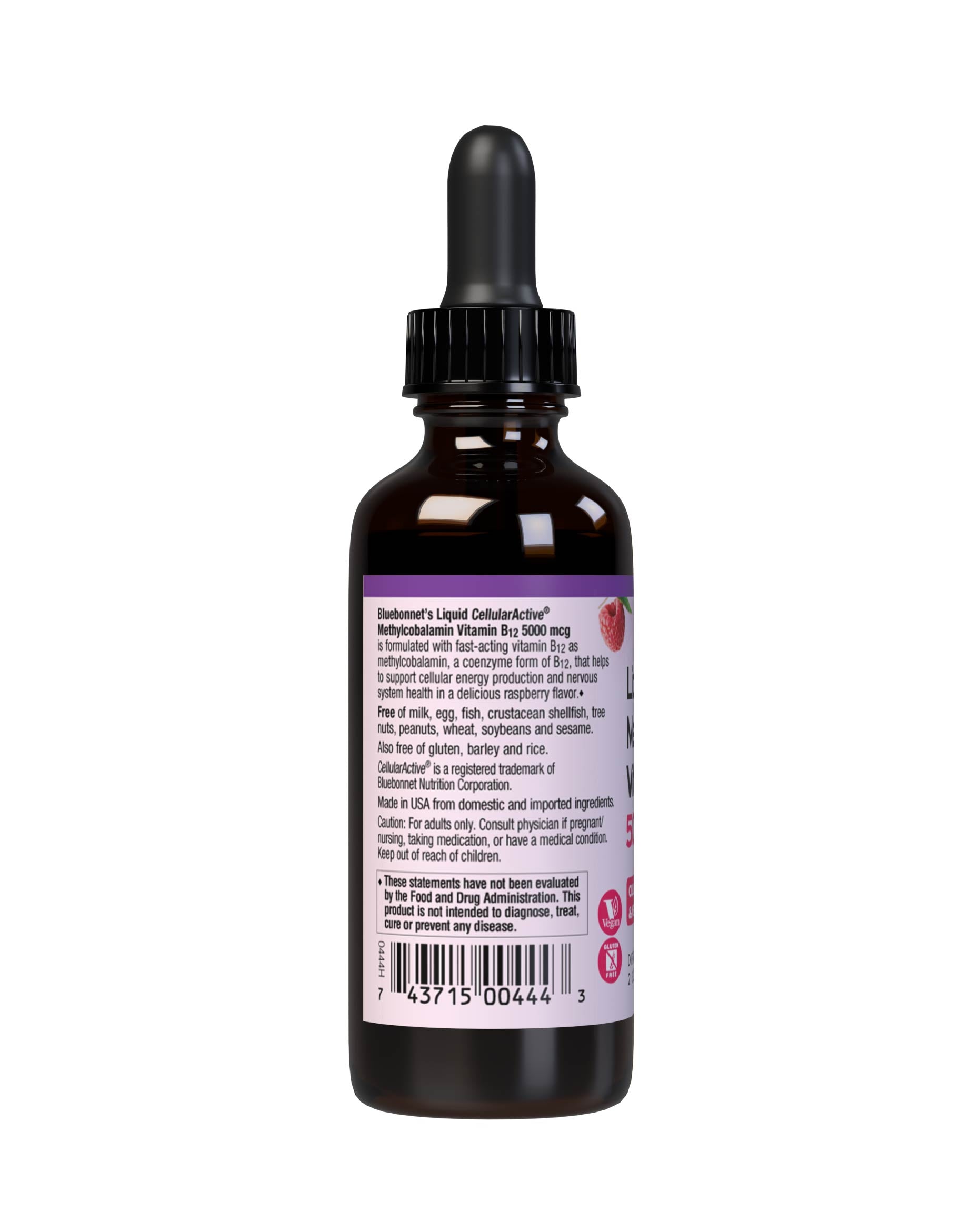 Bluebonnet’s Liquid CellularActive Methylcobalamin Vitamin B12 5000 mcg is formulated with fast-acting vitamin B12 as methylcobalamin, a coenzyme form of B12, which may be better utilized and better retained in the body. Vitamin B12 supports cellular energy production and nervous system health. Description panel. #size_2 fl oz