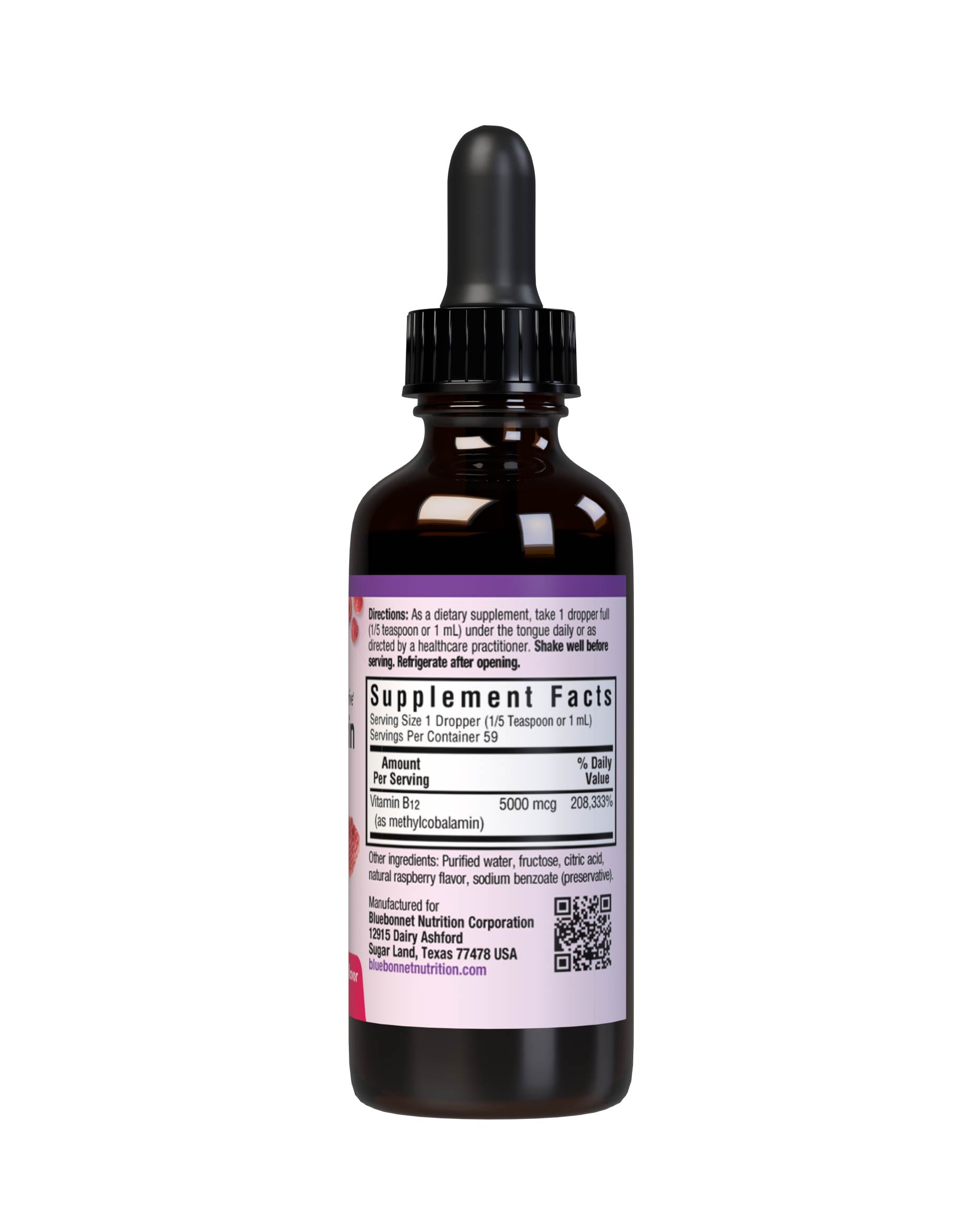 Bluebonnet’s Liquid CellularActive Methylcobalamin Vitamin B12 5000 mcg is formulated with fast-acting vitamin B12 as methylcobalamin, a coenzyme form of B12, which may be better utilized and better retained in the body. Vitamin B12 supports cellular energy production and nervous system health. Supplement facts panel. #size_2 fl oz