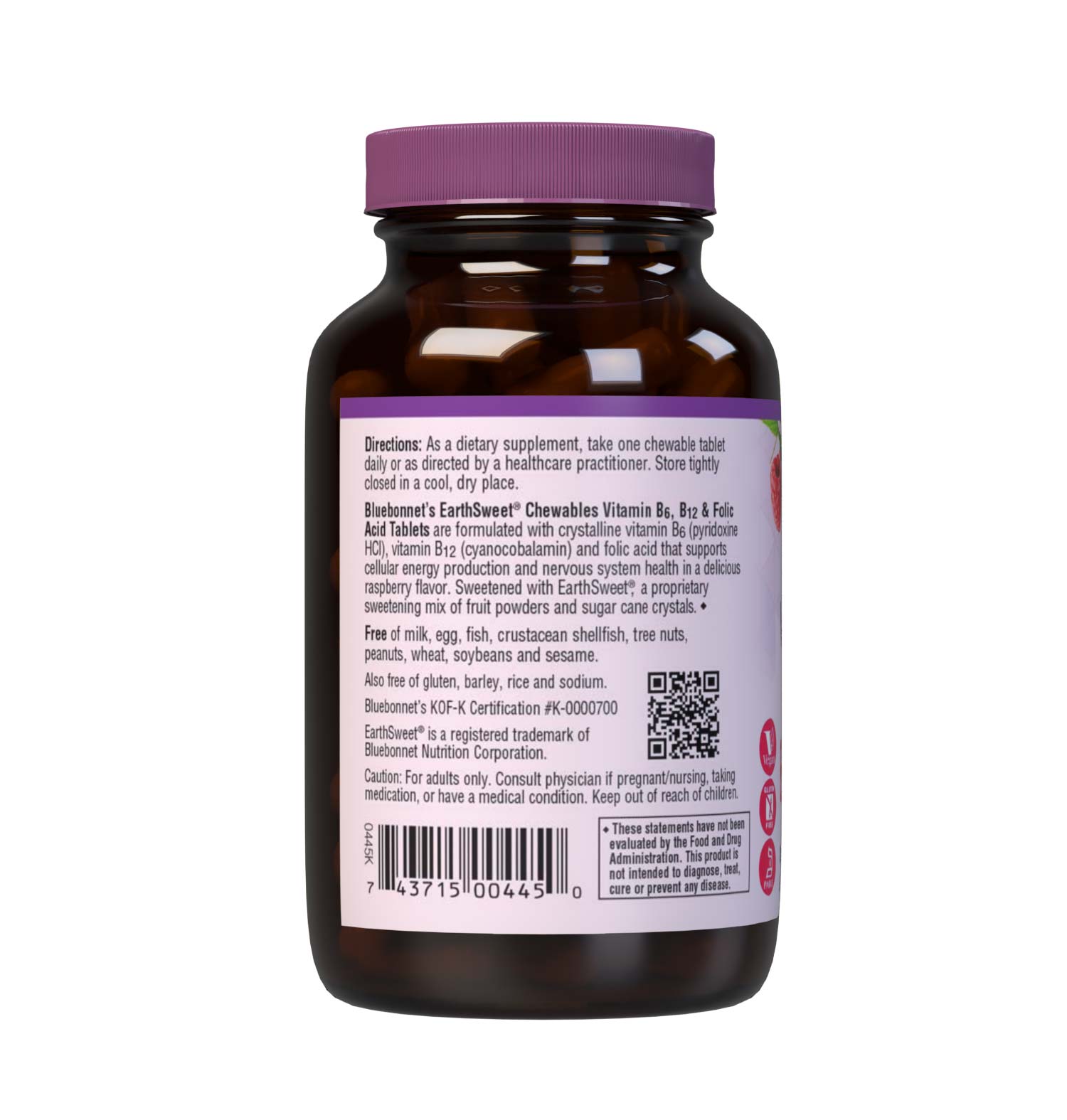 Bluebonnet's EarthSweet Chewables Vitamin B6, B12 and Folic Acid Tablets are formulated with crystalline vitamin B6 (pyridoxine HCl), vitamin B12 (cyanocobalamin) and folic acid that supports cellular energy production and nervous system health in a delicious raspberry flavor. Sweetened with EarthSweet, a proprietary sweetening mix of fruit powders and sugar cane crystals. Description panel. #size_60 count