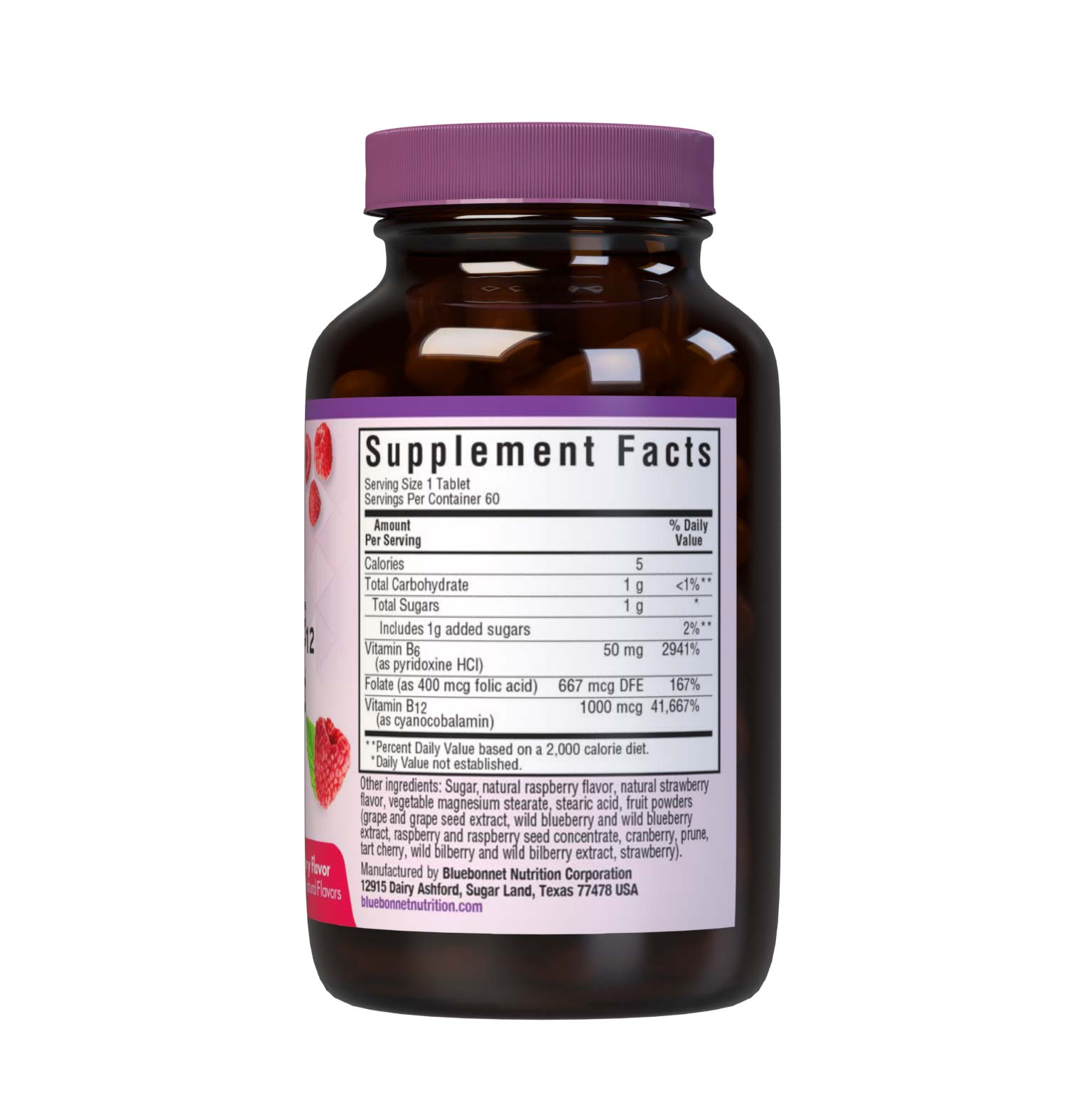 Bluebonnet's EarthSweet Chewables Vitamin B6, B12 and Folic Acid Tablets are formulated with crystalline vitamin B6 (pyridoxine HCl), vitamin B12 (cyanocobalamin) and folic acid that supports cellular energy production and nervous system health in a delicious raspberry flavor. Sweetened with EarthSweet, a proprietary sweetening mix of fruit powders and sugar cane crystals. Supplement facts panel. #size_60 count