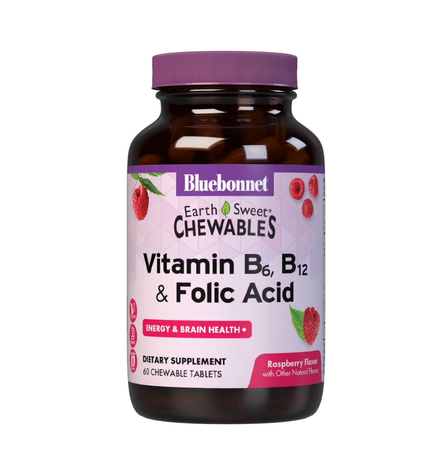 Bluebonnet's EarthSweet Chewables Vitamin B6, B12 and Folic Acid Tablets are formulated with crystalline vitamin B6 (pyridoxine HCl), vitamin B12 (cyanocobalamin) and folic acid that supports cellular energy production and nervous system health in a delicious raspberry flavor. Sweetened with EarthSweet, a proprietary sweetening mix of fruit powders and sugar cane crystals. #size_60 count