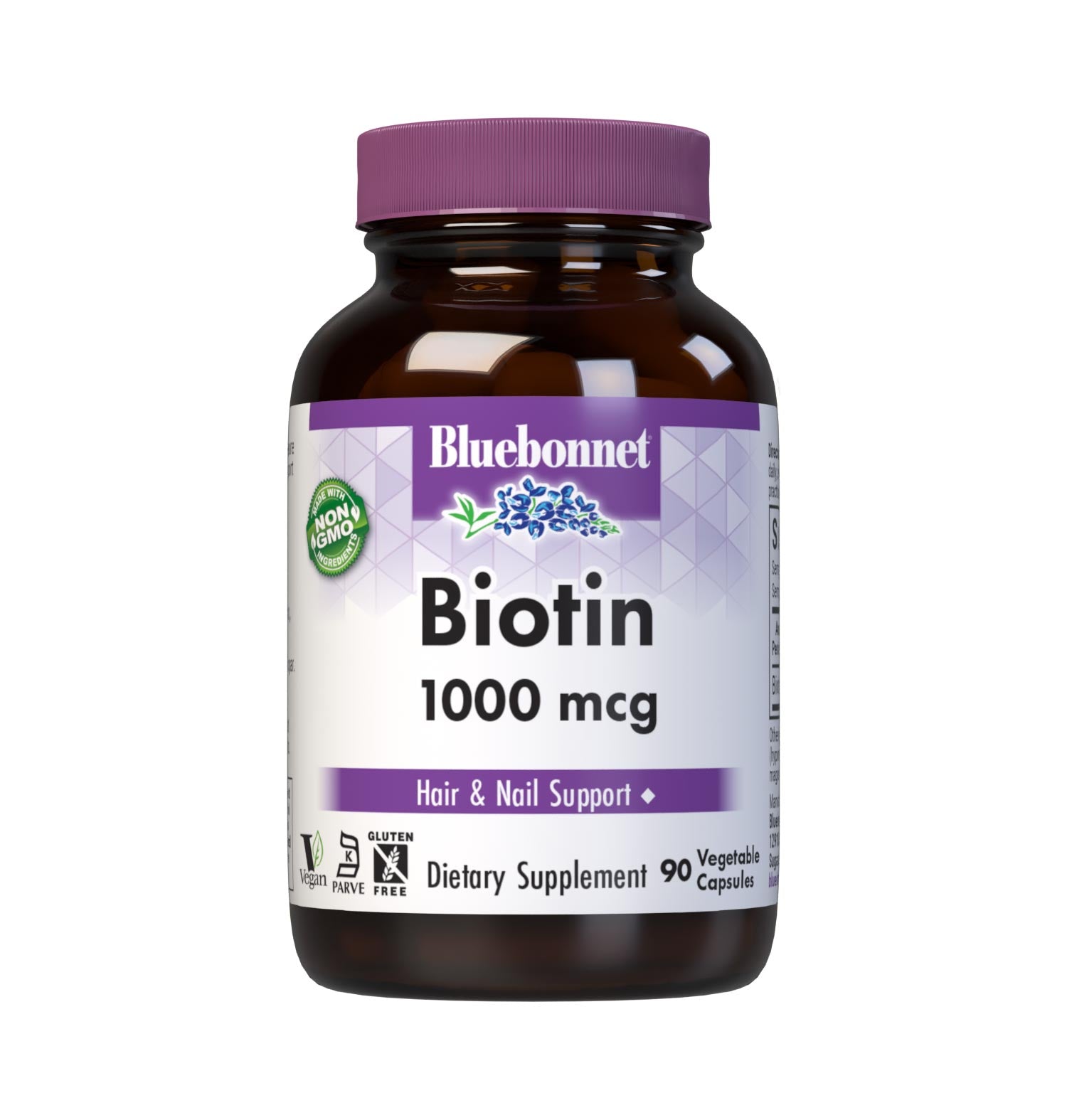 Bluebonnet’s Biotin 1000 mcg Capsules are formulated with yeast-free biotin in its crystalline form to support healthy hair and strong, durable nails. #size_90 count