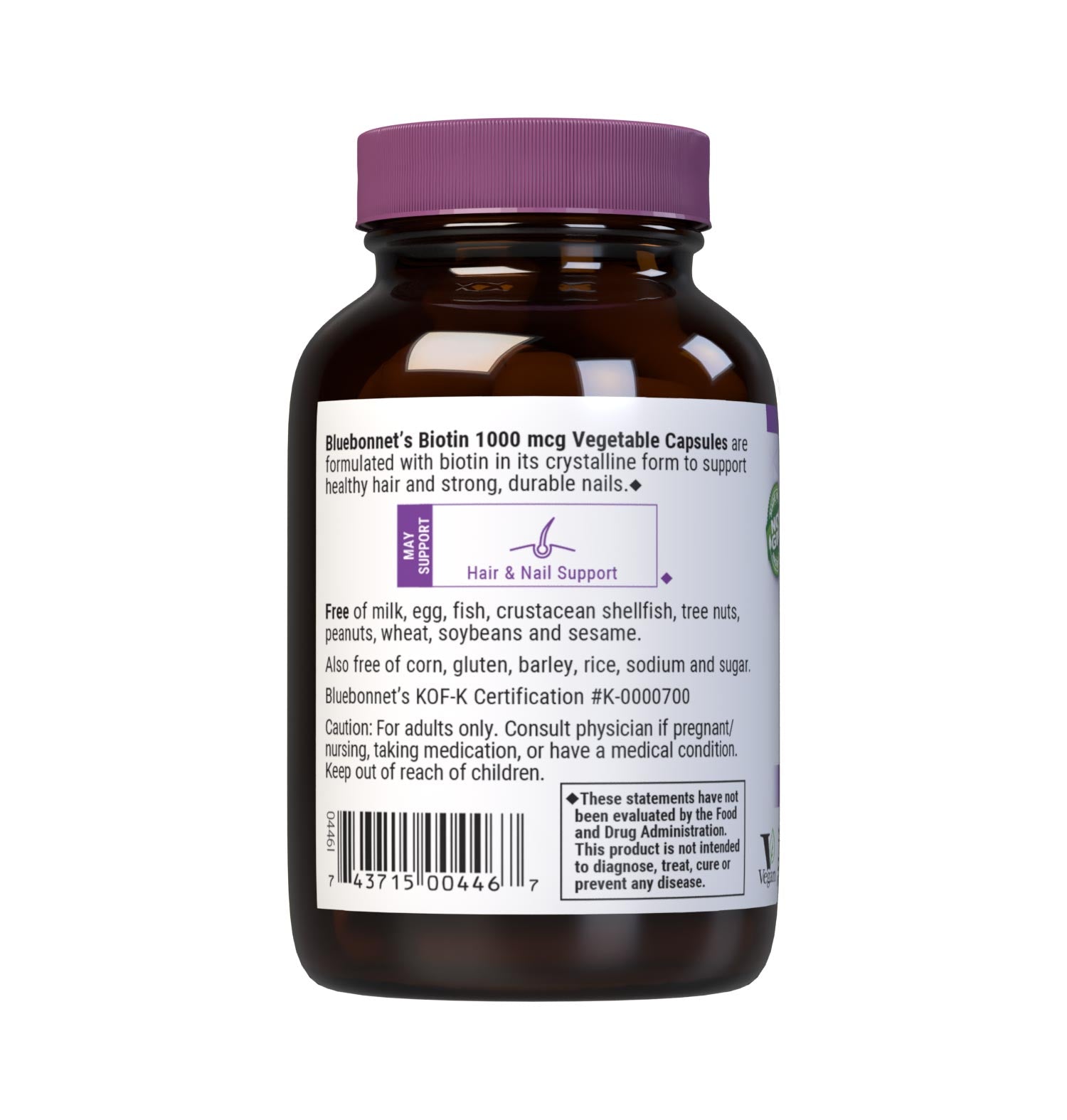 Bluebonnet’s Biotin 1000 mcg Capsules are formulated with yeast-free biotin in its crystalline form to support healthy hair and strong, durable nails. Description panel. #size_90 count