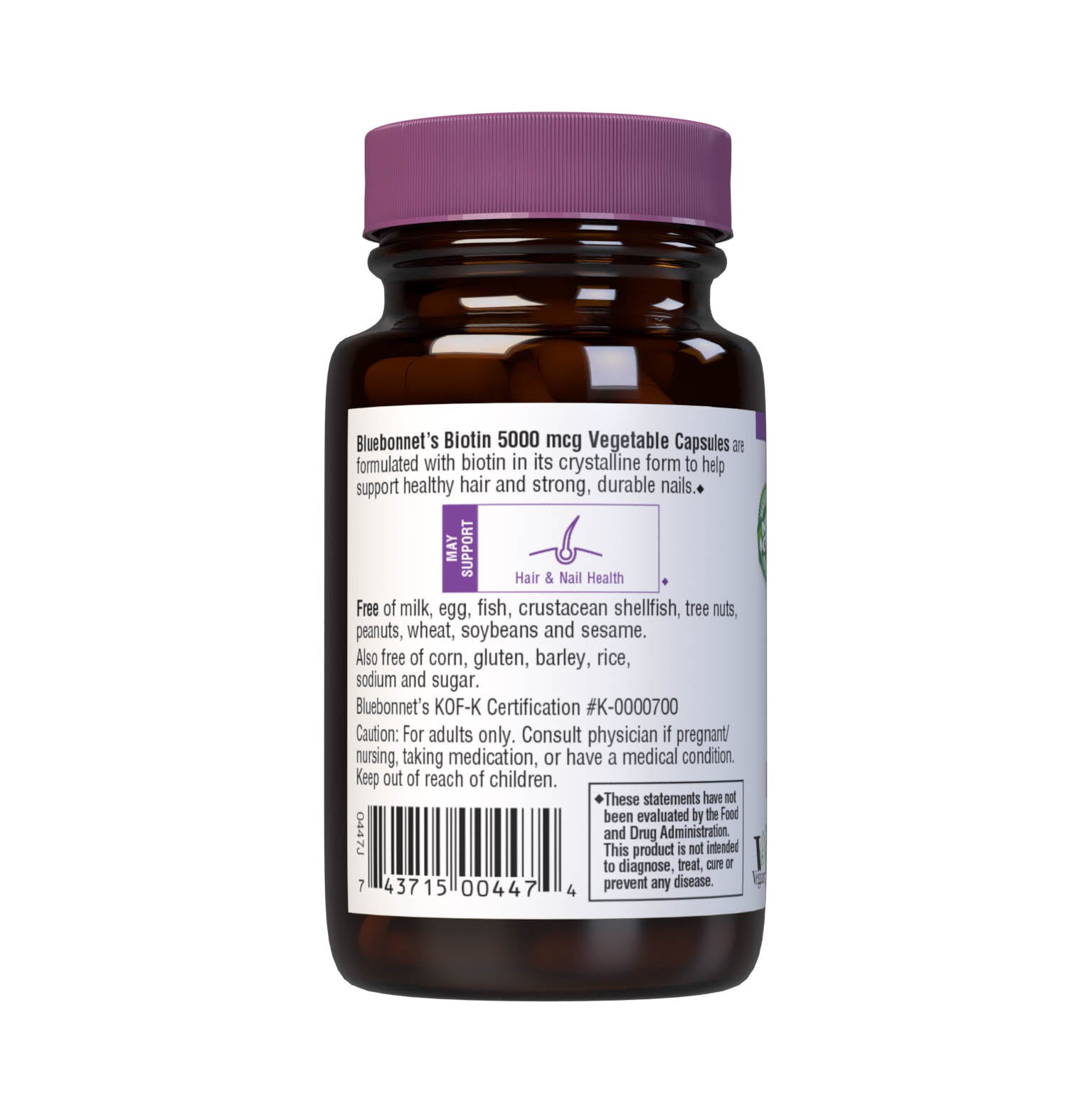 Bluebonnet’s Biotin 5000 mcg Capsules are formulated with yeast-free biotin in its crystalline form to support healthy hair and strong, durable nails. Description panel. #size_60 count