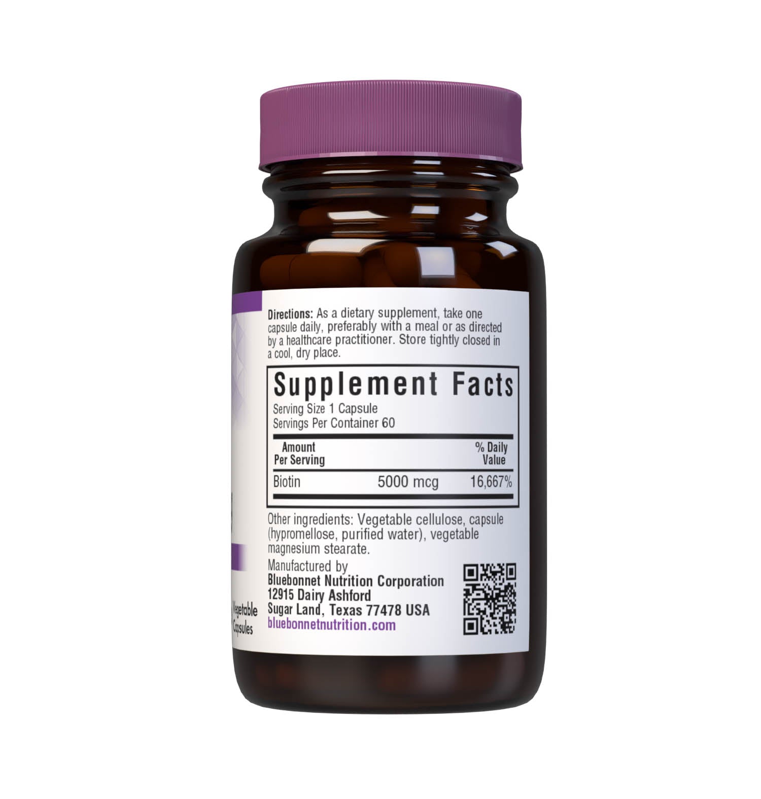 Bluebonnet’s Biotin 5000 mcg Capsules are formulated with yeast-free biotin in its crystalline form to support healthy hair and strong, durable nails. Supplement facts panel. #size_60 count