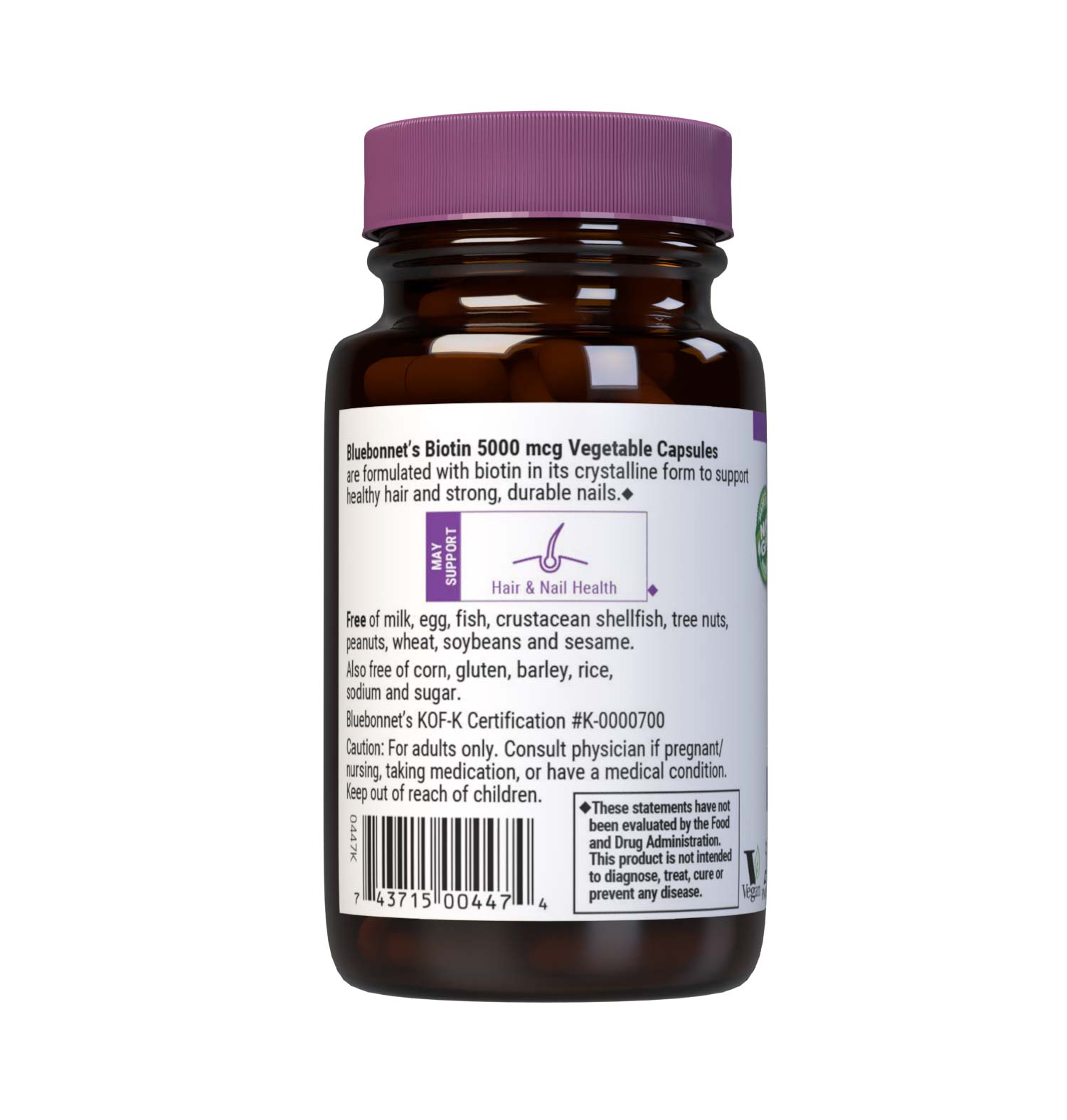 Bluebonnet’s Biotin 5000 mcg Capsules are formulated with yeast-free biotin in its crystalline form to support healthy hair and strong, durable nails. Description panel. #size_60 count