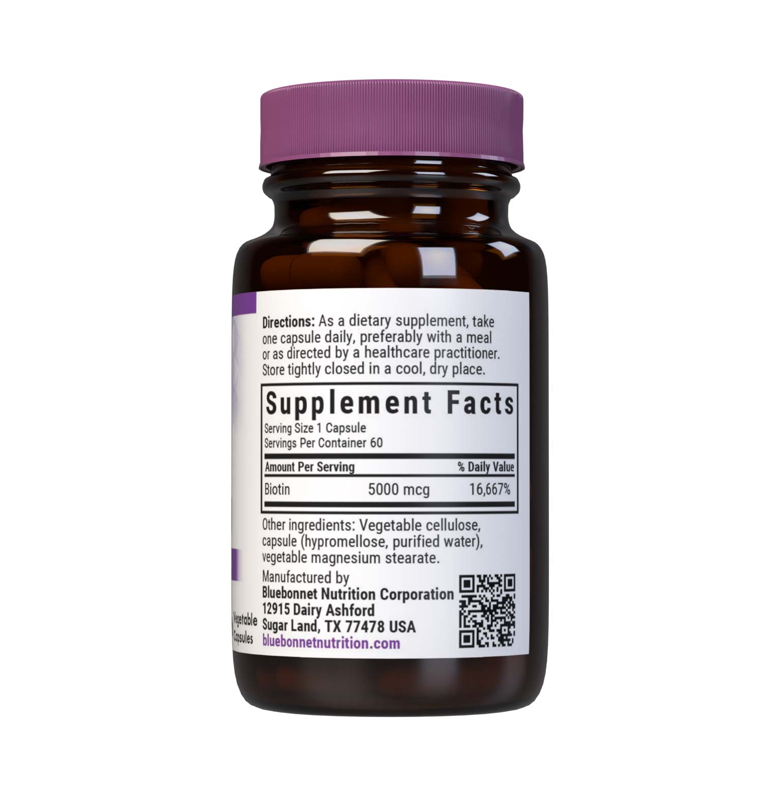 Bluebonnet’s Biotin 5000 mcg Capsules are formulated with yeast-free biotin in its crystalline form to support healthy hair and strong, durable nails. Supplement facts panel. #size_60 count