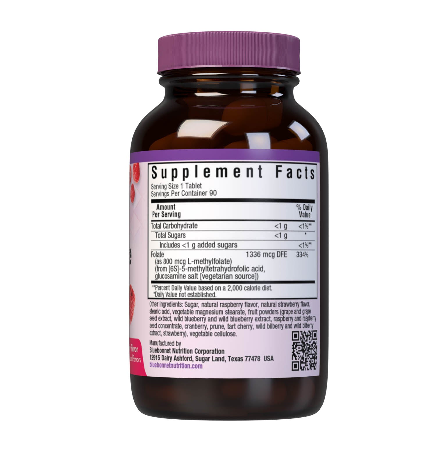 Bluebonnet’s EarthSweet Chewables CellularActive Methylfolate 800 mcg Tablets are formulated with QuatreFolic a fourth generation folate that supports healthy neurological development, and that has superior stability, solubility, safety and bioactivity when compared to other forms. This product sweetened with EarthSweet a proprietary sweetening mix of fruit powders and sugar cane crystals. Supplement facts panel. #size_90 count