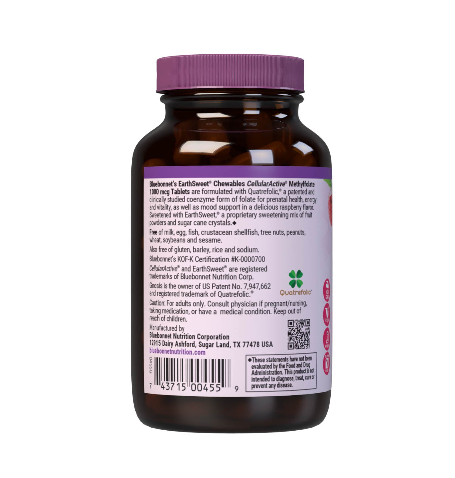 Bluebonnet’s EarthSweet Chewables CellularActive Methylfolate 1000 mcg Tablets are formulated with QuatreFolic a fourth generation folate that supports healthy neurological development, and that has superior stability, solubility, safety and bioactivity when compared to other forms. This product sweetened with EarthSweet a proprietary sweetening mix of fruit powders and sugar cane crystals. Description panel. #size_90 count