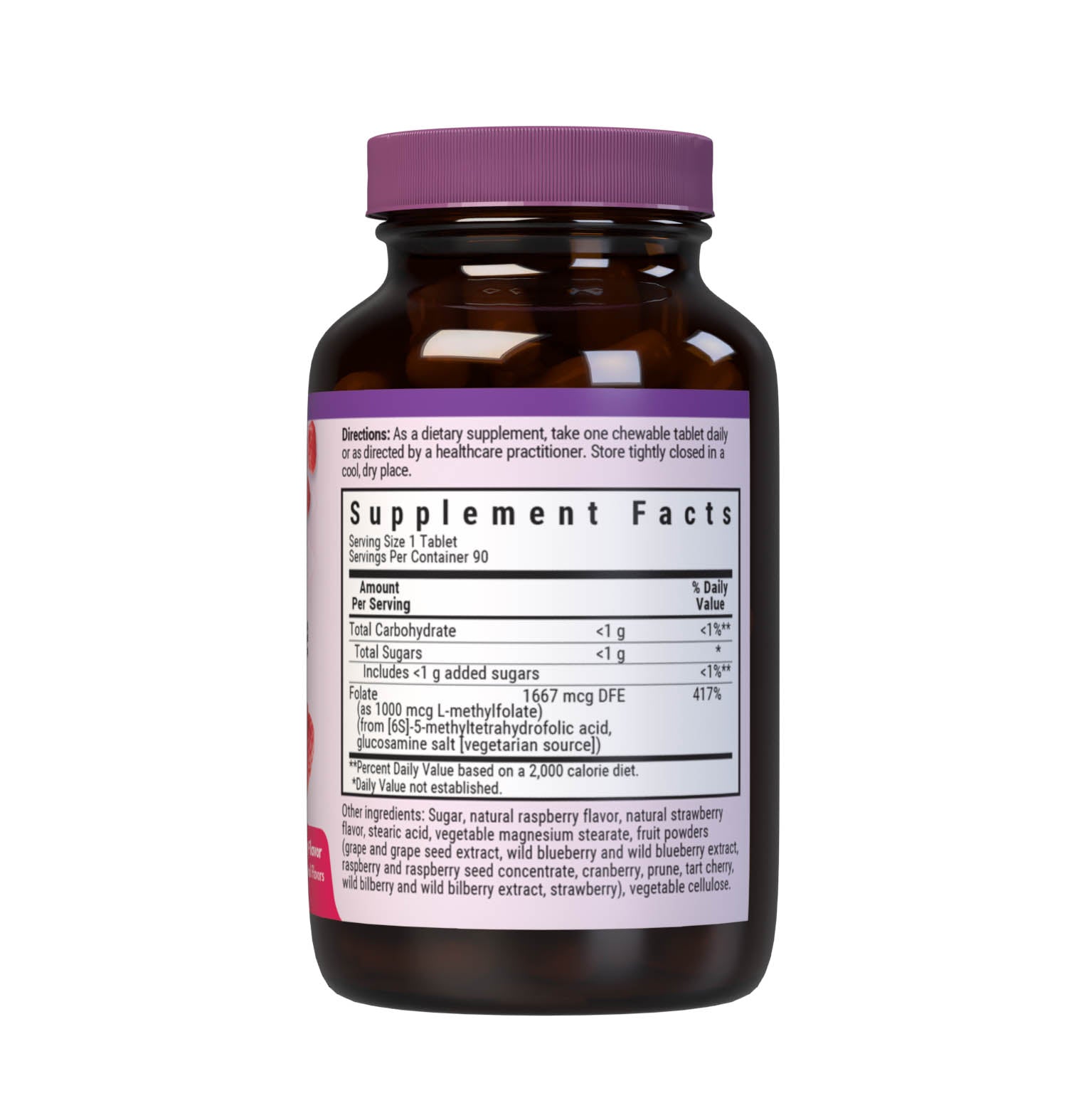 Bluebonnet’s EarthSweet Chewables CellularActive Methylfolate 1000 mcg Tablets are formulated with QuatreFolic a fourth generation folate that supports healthy neurological development, and that has superior stability, solubility, safety and bioactivity when compared to other forms. This product sweetened with EarthSweet a proprietary sweetening mix of fruit powders and sugar cane crystals. Supplement facts panel. #size_90 count