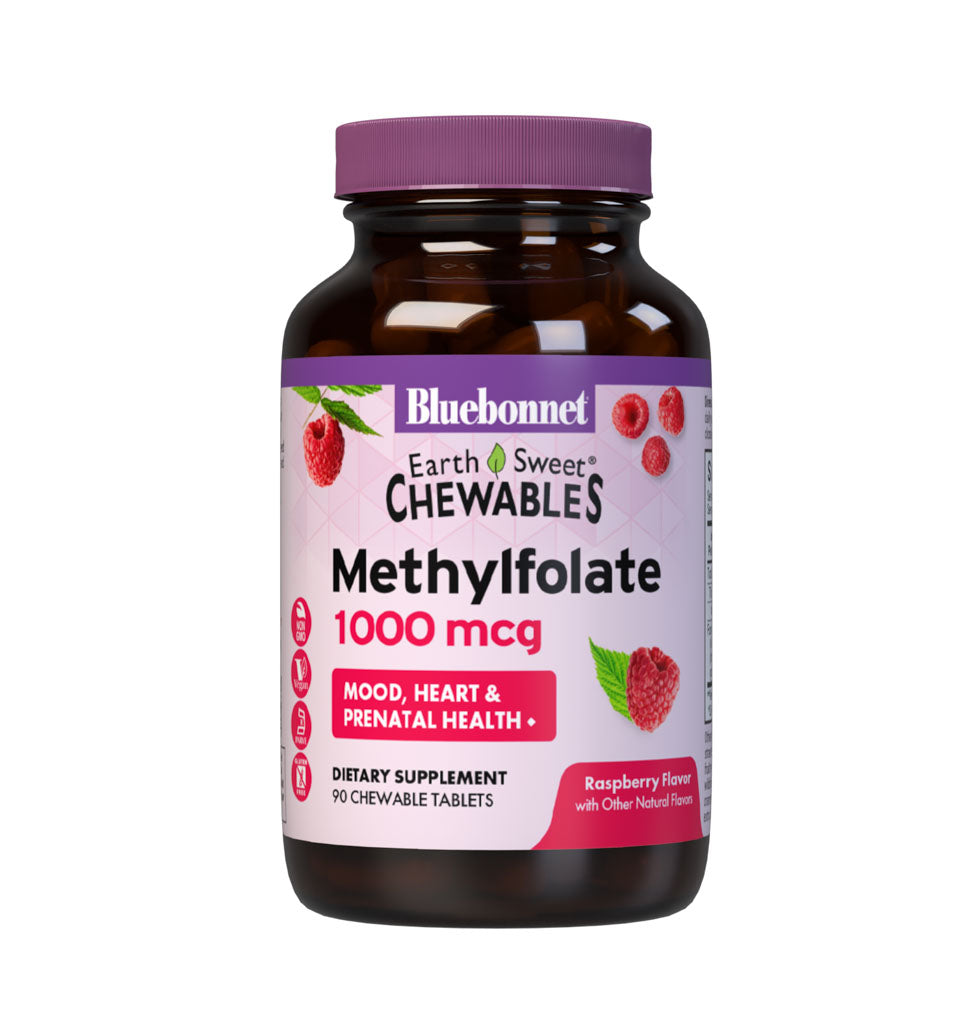 Bluebonnet’s EarthSweet Chewables CellularActive Methylfolate 1000 mcg Tablets are formulated with QuatreFolic a fourth generation folate that supports healthy neurological development, and that has superior stability, solubility, safety and bioactivity when compared to other forms. This product sweetened with EarthSweet a proprietary sweetening mix of fruit powders and sugar cane crystals. #size_90 count
