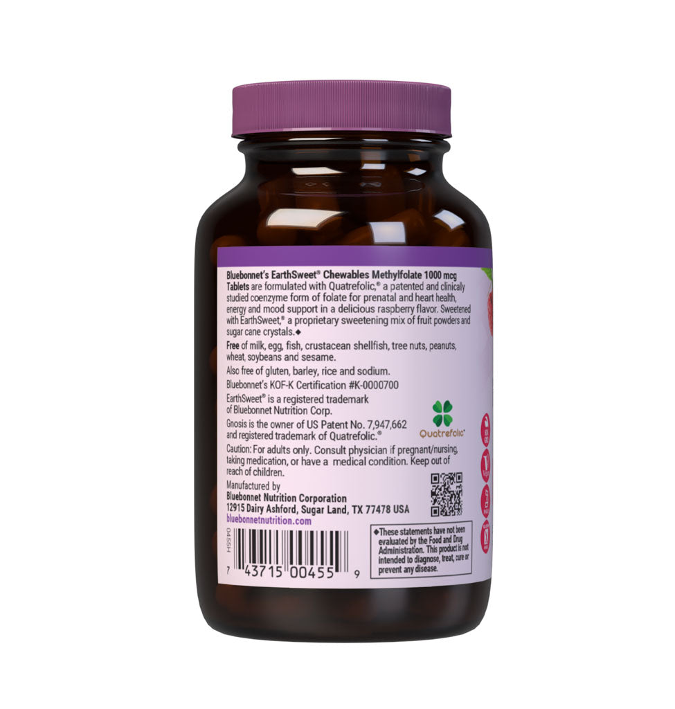 Bluebonnet’s EarthSweet Chewables CellularActive Methylfolate 1000 mcg Tablets are formulated with QuatreFolic a fourth generation folate that supports healthy neurological development, and that has superior stability, solubility, safety and bioactivity when compared to other forms. This product sweetened with EarthSweet a proprietary sweetening mix of fruit powders and sugar cane crystals. Description panel. #size_90 count