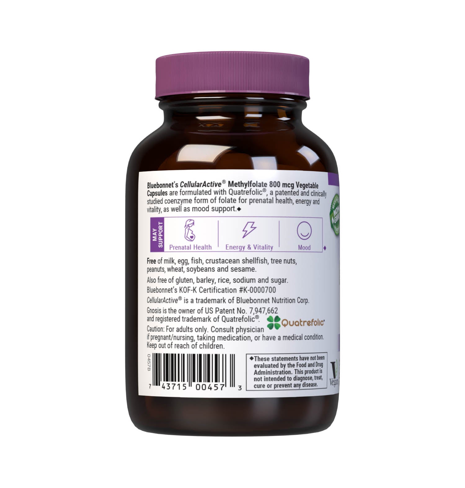 Bluebonnet’s CellularActive Methylfolate 800 mcg Vegetable Capsules are formulated with Quatrefolic, a patented and clinically studied coenzyme form of folate for prenatal health, energy and vitality, as well as mood support. Description panel. #size_60 count