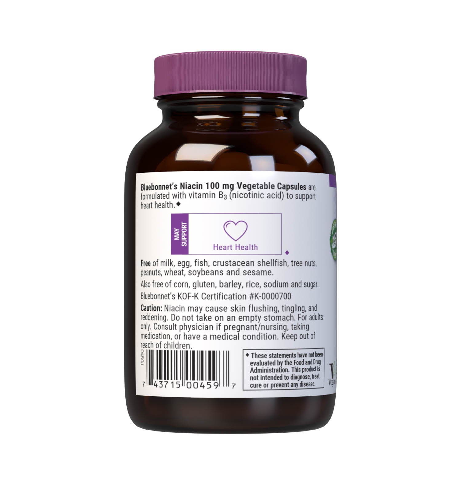 Bluebonnet’s Niacin 100 mg Vegetable Capsules are formulated with yeast-free nicotinic acid in its crystalline form to help support cardiovascular health. Description panel. #size_90 count