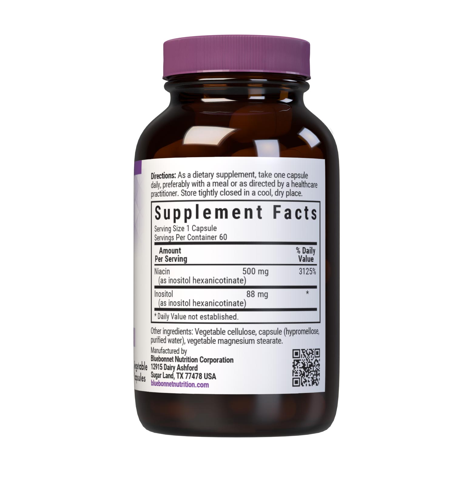 Bluebonnet’s Flush-Free Niacin 500 mg Vegetable Capsules are formulated with crystalline flush-free niacin from inositol hexanicotinate to help support cardiovascular health. Supplement facts panel. #size_60 count