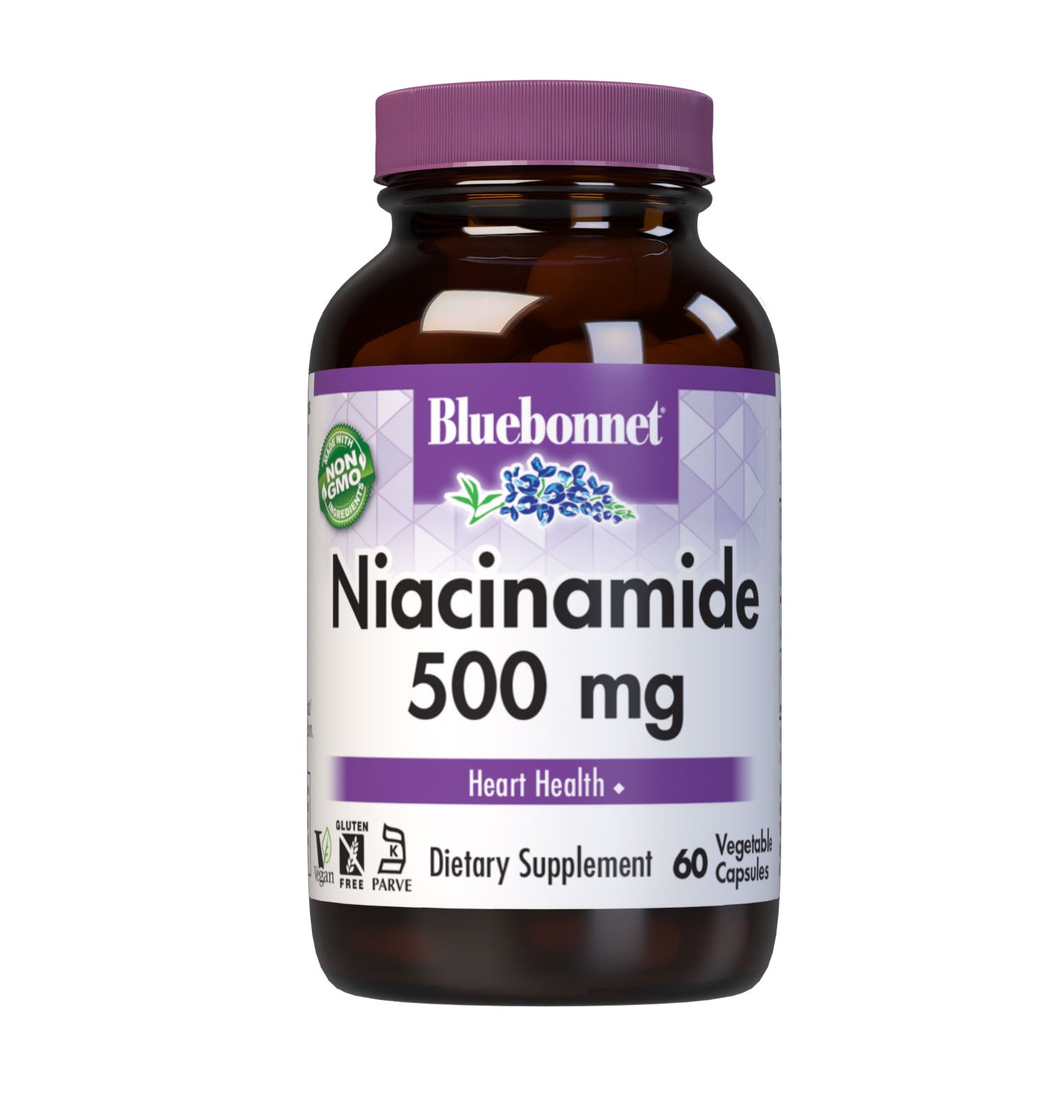Bluebonnet’s Niacinamide 500 mg Vegetable Capsules are formulated with niacinamide in its crystalline form to help support heart health. #size_60 count