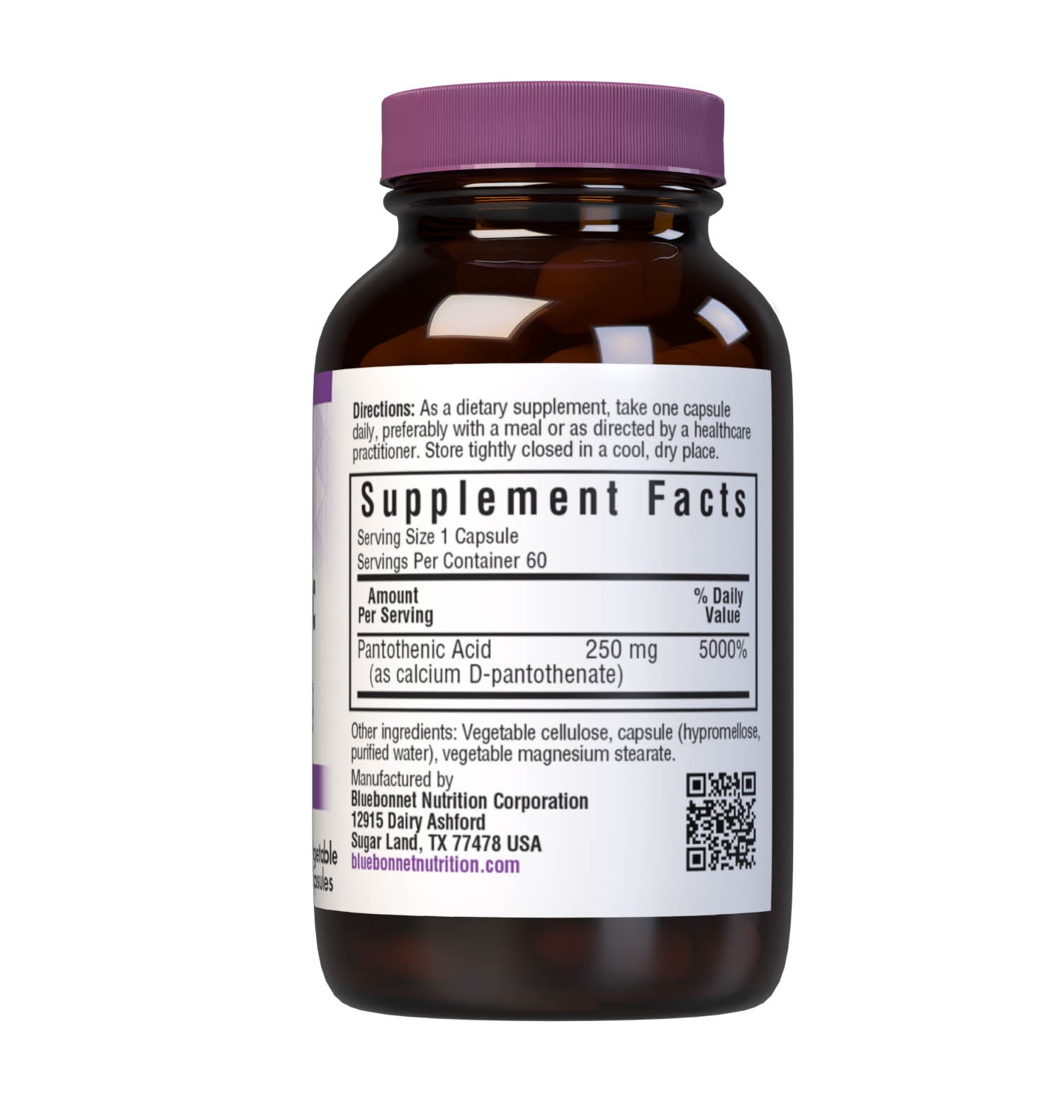 Bluebonnet’s Pantothenic Acid 250 mg 60 Vegetable Capsules provide pantothenic acid from calcium D-pantothenate. Tested for potency and purity in our own state-of-the-art laboratory. Supplement facts panel. #size_60 count