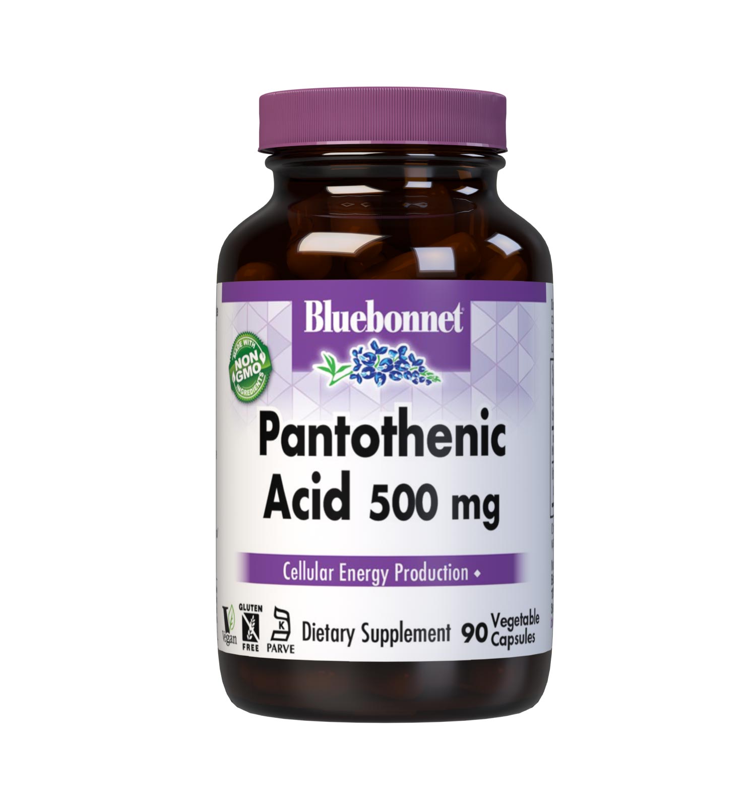 Bluebonnet’s Pantothenic Acid 500 mg 90 Vegetable Capsules are formulated with pantothenic acid from calcium D-pantothenate. Tested for potency and purity in our own state-of-the-art laboratory. Pantothenic acid may support cellular energy production. #size_90 count
