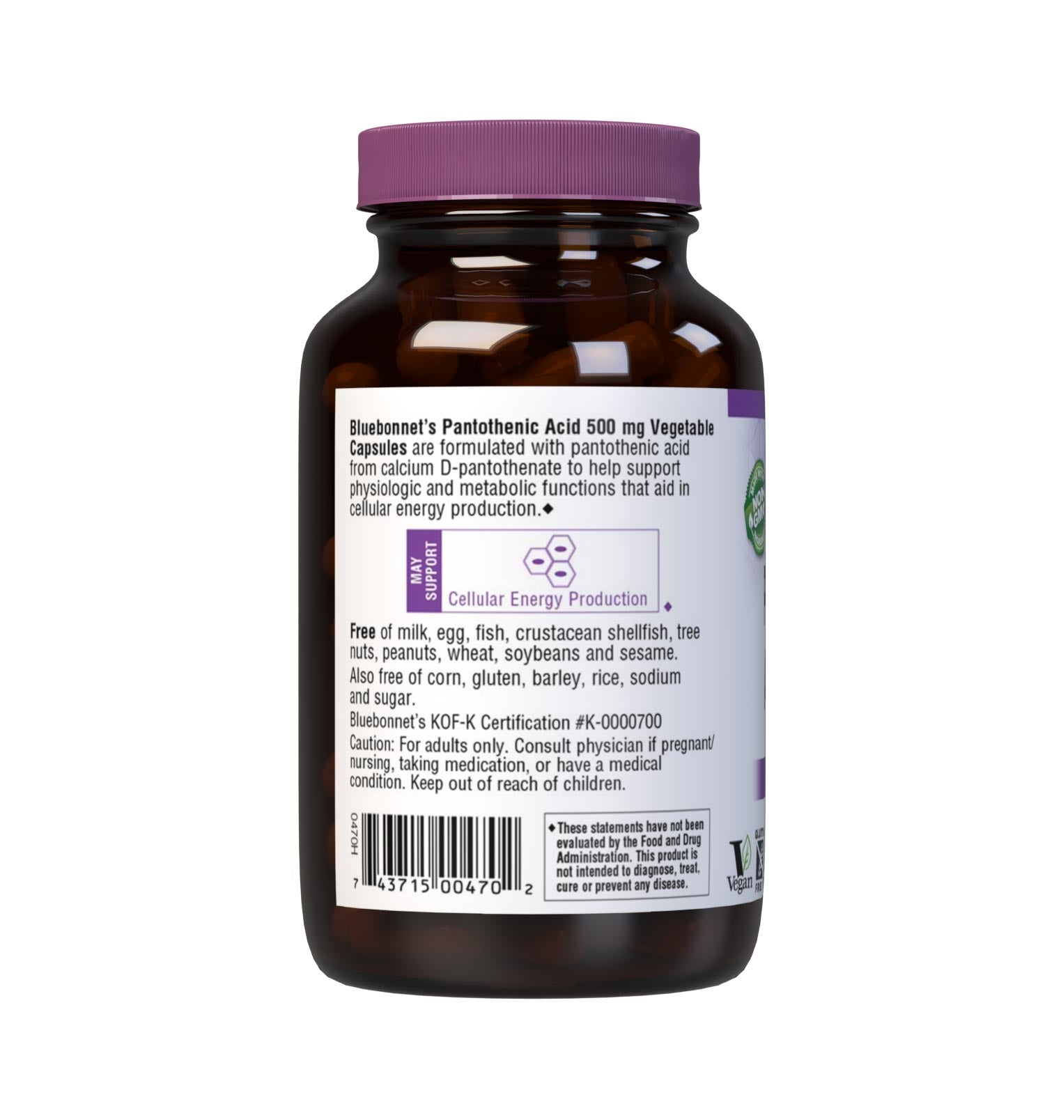 Bluebonnet’s Pantothenic Acid 500 mg 90 Vegetable Capsules are formulated with pantothenic acid from calcium D-pantothenate. Tested for potency and purity in our own state-of-the-art laboratory. Pantothenic acid may support cellular energy production. Supplement facts panel. Description panel. #size_90 count