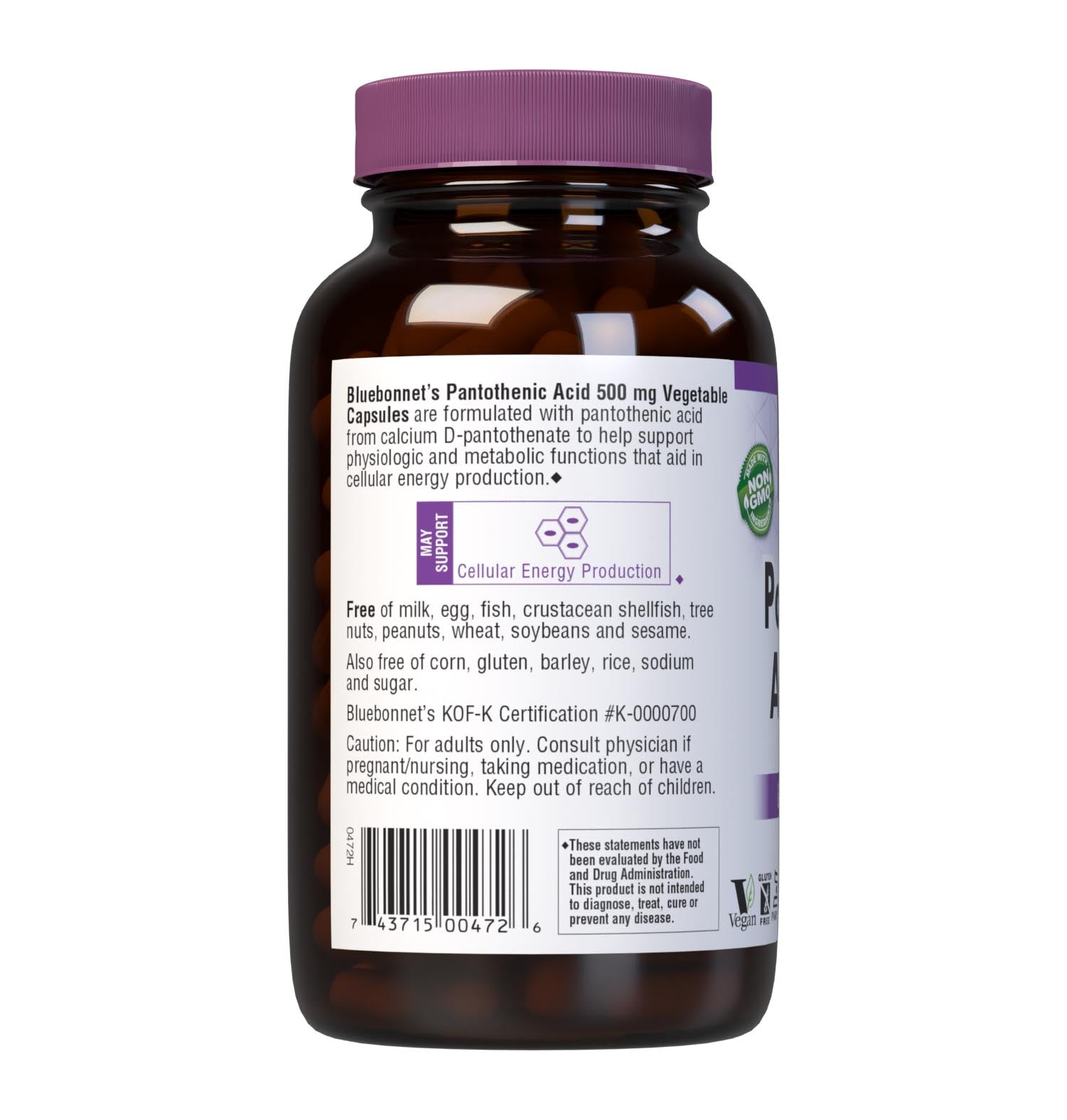 Bluebonnet’s Pantothenic Acid 500 mg 180 Vegetable Capsules are formulated with pantothenic acid from calcium D-pantothenate. Tested for potency and purity in our own state-of-the-art laboratory. Pantothenic acid may support cellular energy production. Supplement facts panel. Description panel. #size_180 count