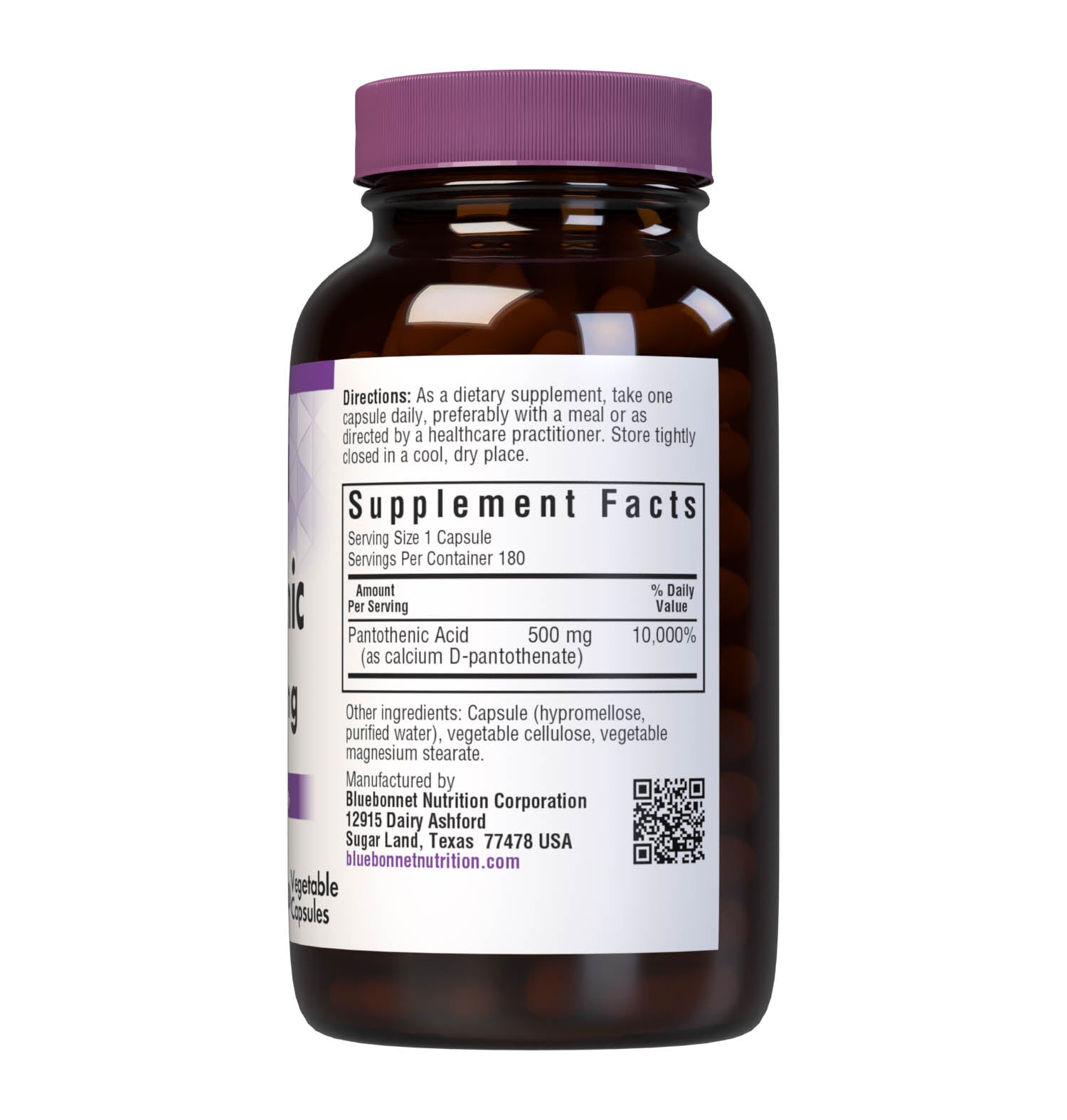 Bluebonnet’s Pantothenic Acid 500 mg 180 Vegetable Capsules are formulated with pantothenic acid from calcium D-pantothenate. Tested for potency and purity in our own state-of-the-art laboratory. Pantothenic acid may support cellular energy production. Supplement facts panel. #size_180 count