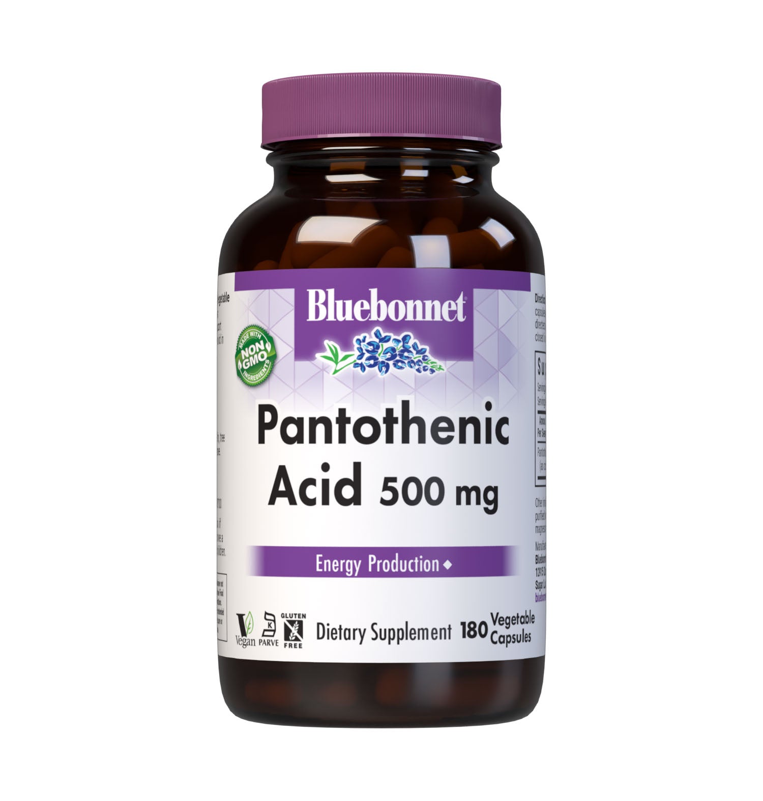 Bluebonnet’s Pantothenic Acid 500 mg 180 Vegetable Capsules are formulated with pantothenic acid from calcium D-pantothenate. Tested for potency and purity in our own state-of-the-art laboratory. Pantothenic acid may support cellular energy production. #size_180 count