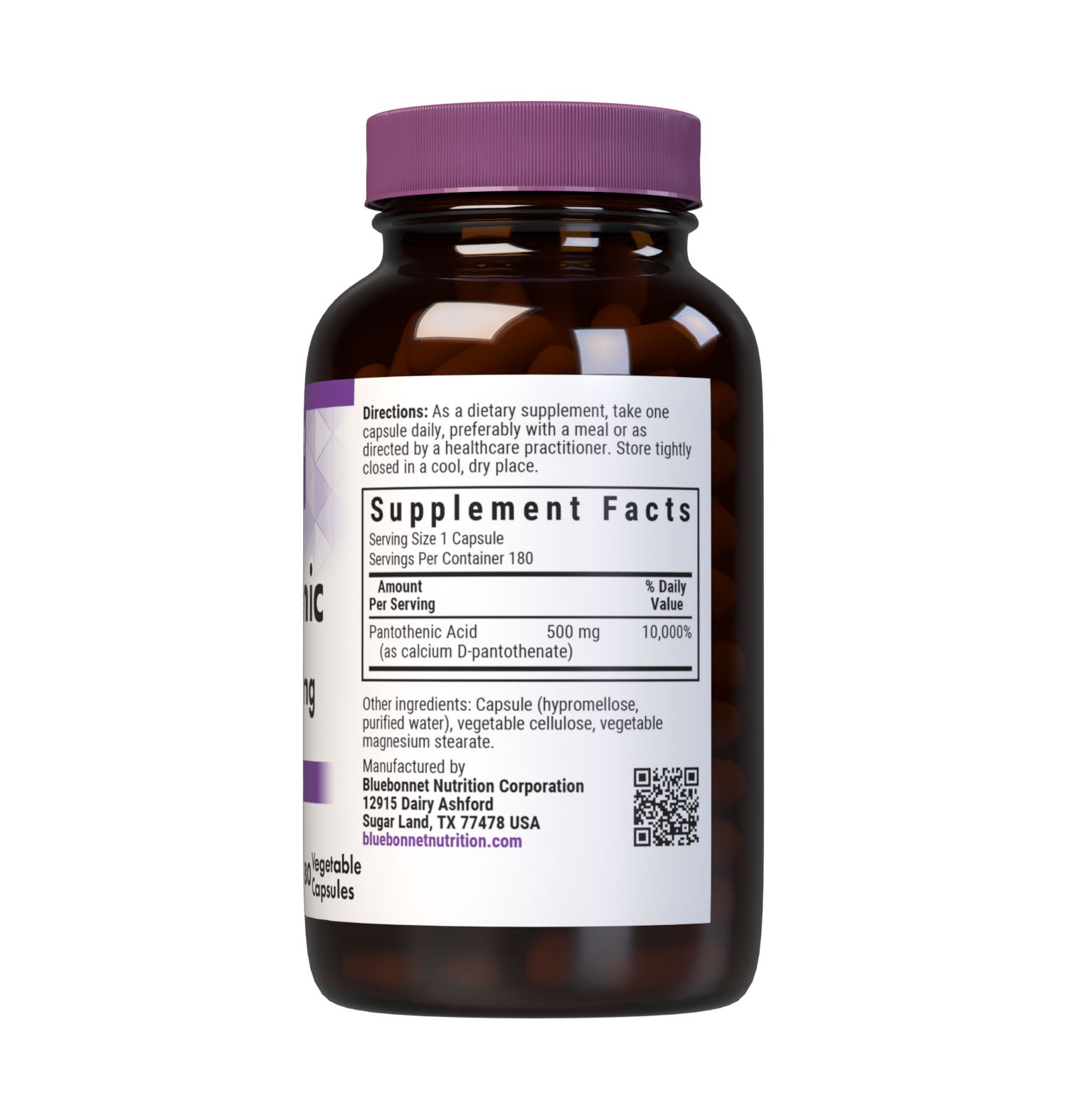 Bluebonnet’s Pantothenic Acid 500 mg 180 Vegetable Capsules are formulated with pantothenic acid from calcium D-pantothenate. Tested for potency and purity in our own state-of-the-art laboratory. Pantothenic acid may support cellular energy production. Supplement facts panel. #size_180 count