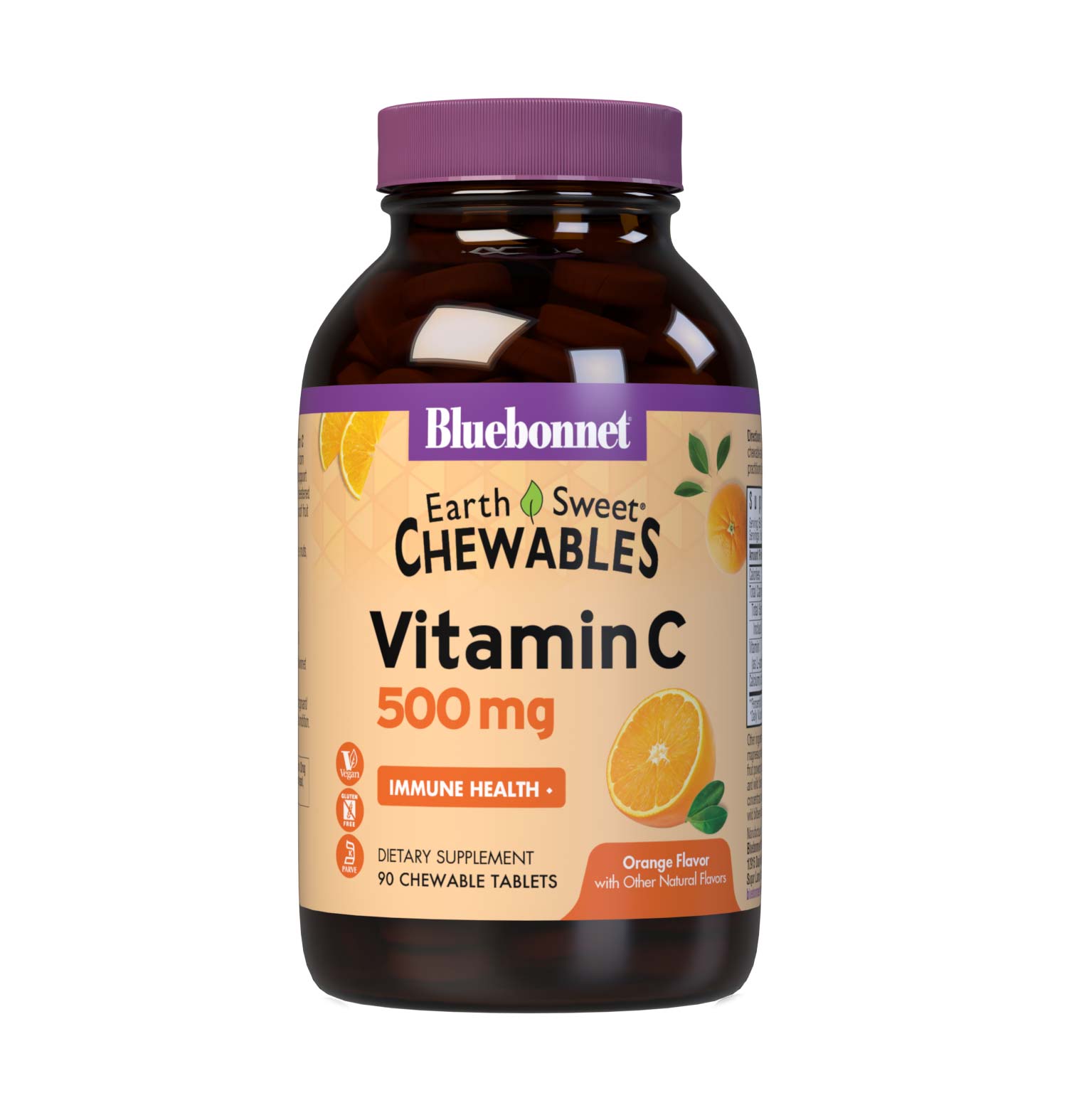 Bluebonnet’s EarthSweet Chewables Vitamin C 500 mg 90 Tablets are formulated with vitamin C from L-ascorbic acid and calcium ascorbate to help support immune function in a delicious orange flavor. Sweetened with EarthSweet, a proprietary sweetening mix of juice powders and sugar cane crystals. #size_90 count