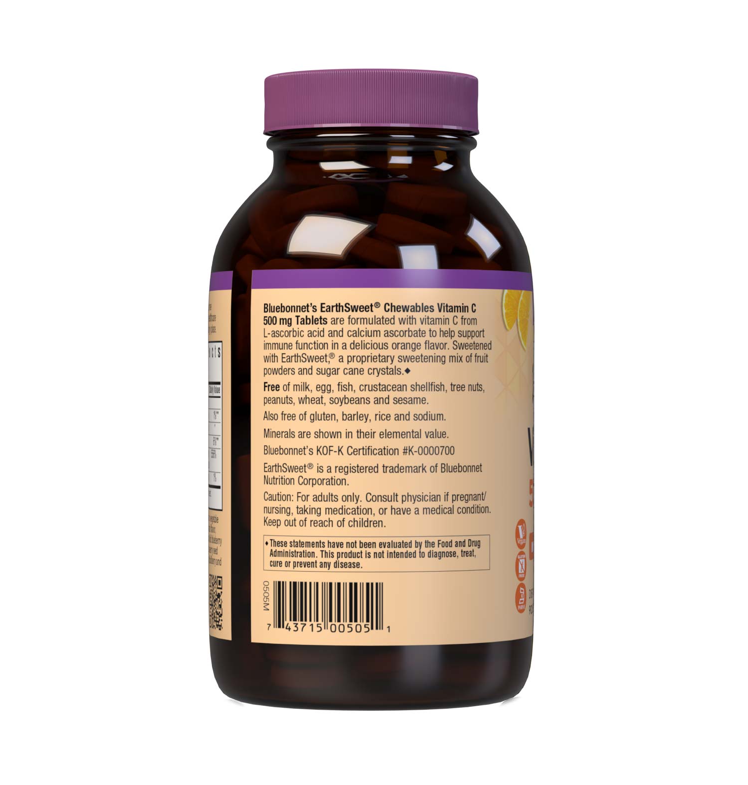 Bluebonnet’s EarthSweet Chewables Vitamin C 500 mg 90 Tablets are formulated with vitamin C from L-ascorbic acid and calcium ascorbate to help support immune function in a delicious orange flavor. Sweetened with EarthSweet, a proprietary sweetening mix of juice powders and sugar cane crystals. Description panel. #size_90 count