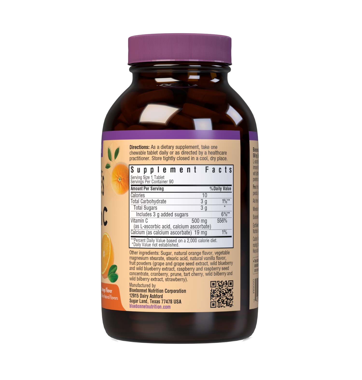 Bluebonnet’s EarthSweet Chewables Vitamin C 500 mg 90 Tablets are formulated with vitamin C from L-ascorbic acid and calcium ascorbate to help support immune function in a delicious orange flavor. Sweetened with EarthSweet, a proprietary sweetening mix of juice powders and sugar cane crystals. Supplement facts panel. #size_90 count