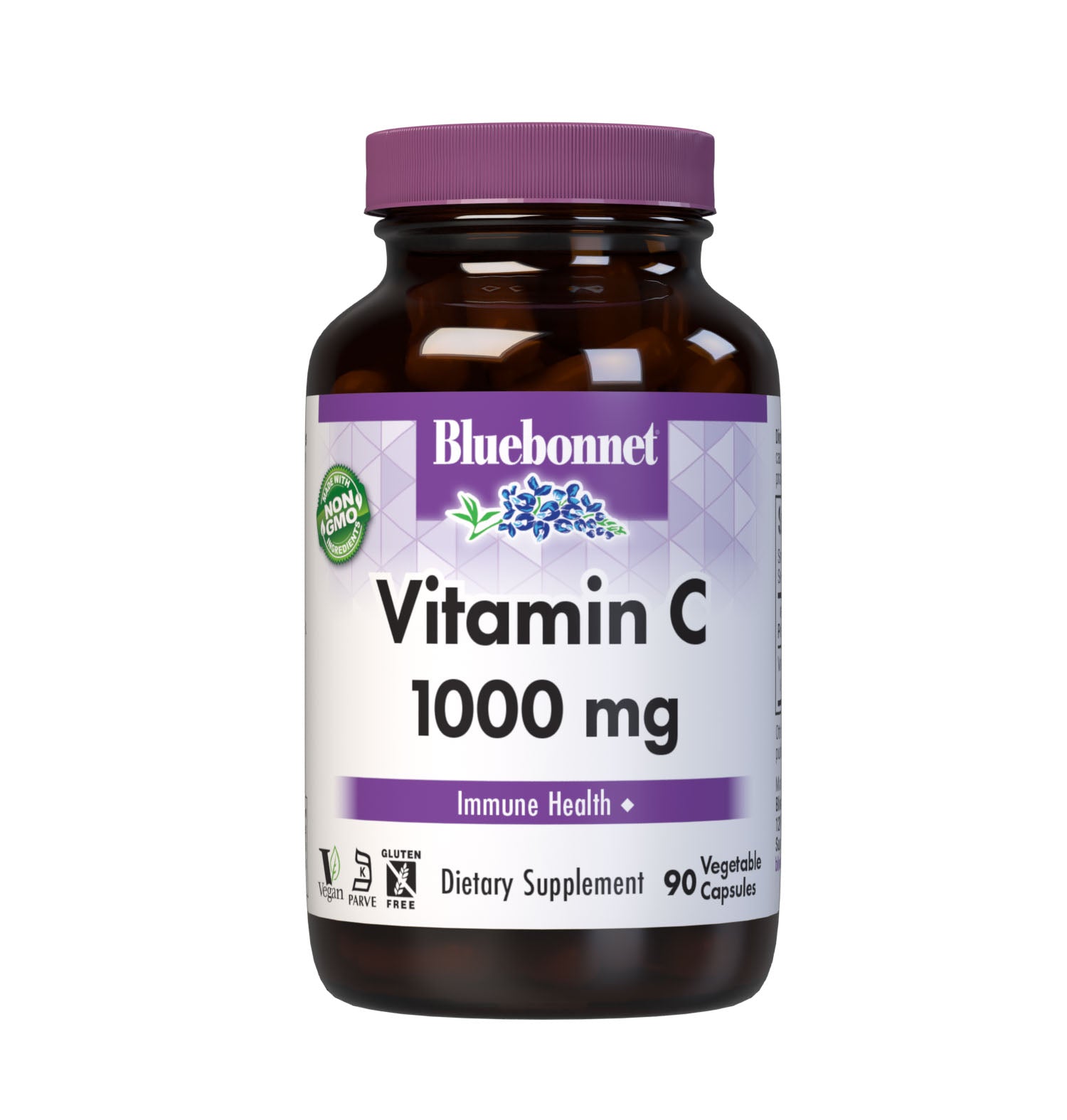 Bluebonnet Nutrition's Vitamin C-1000 mg 90 Vegetable Capsules are formulated with non-GMO, identity-preserved (IP) vitamin C from L-ascorbic acid to help support immune function. #size_90 count