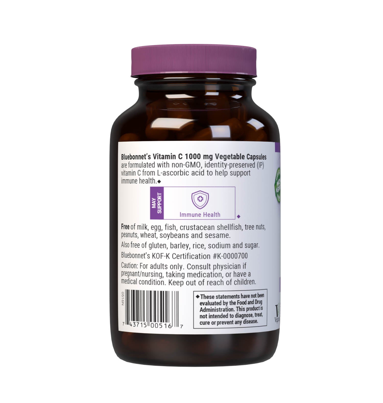 Bluebonnet Nutrition's Vitamin C-1000 mg 90 Vegetable Capsules are formulated with non-GMO, identity-preserved (IP) vitamin C from L-ascorbic acid to help support immune function. Description panel. #size_90 count