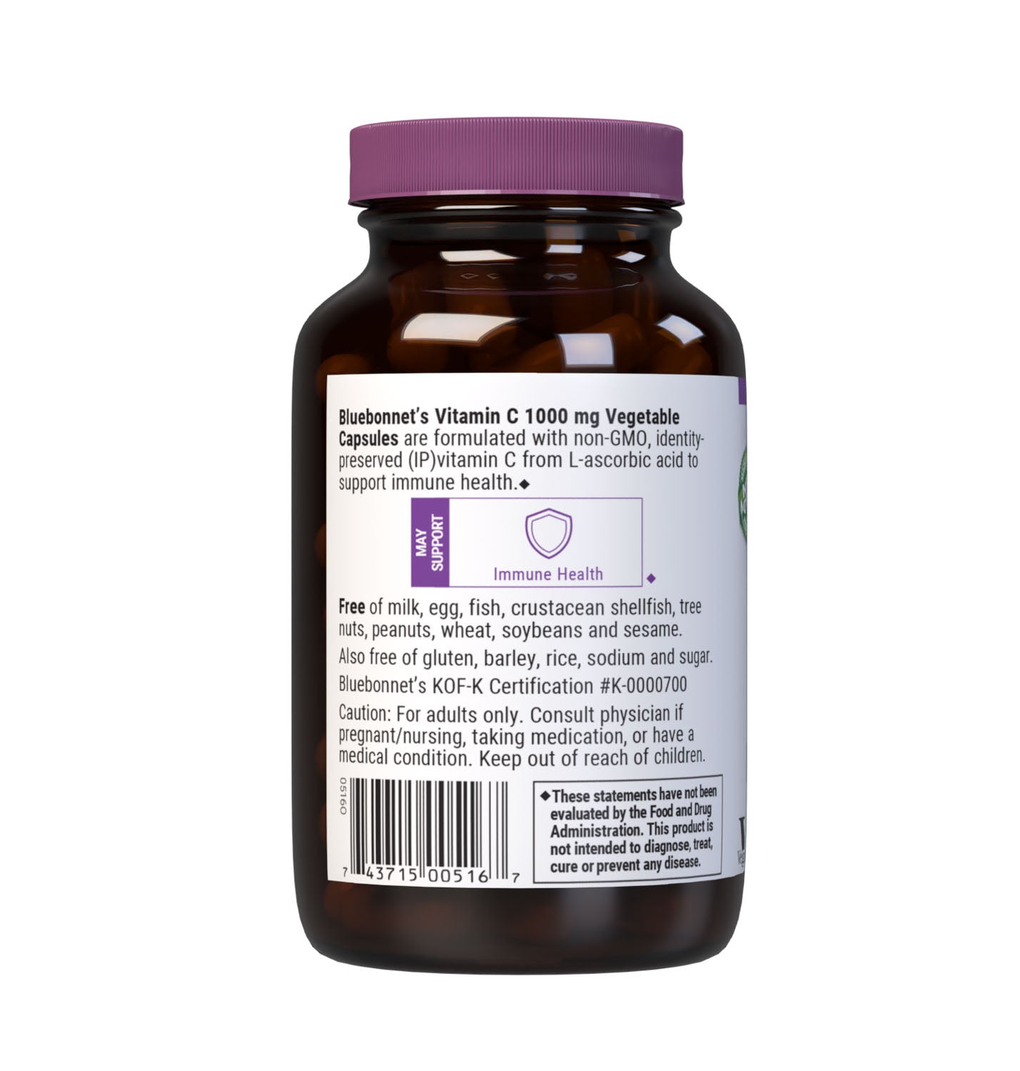 Bluebonnet Nutrition's Vitamin C-1000 mg 90 Vegetable Capsules are formulated with non-GMO, identity-preserved (IP) vitamin C from L-ascorbic acid to help support immune function. Description panel. #size_90 count