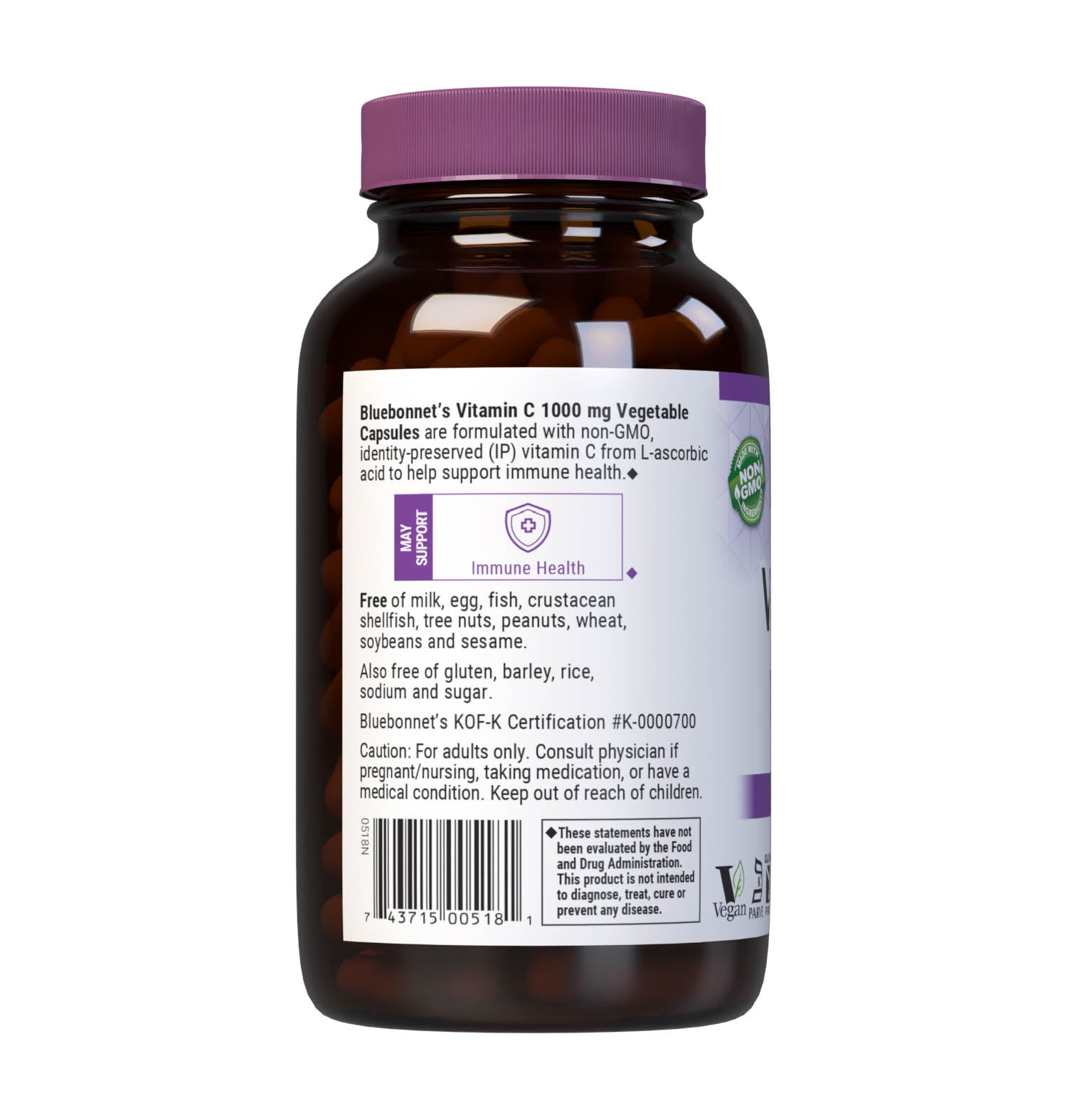 Bluebonnet Nutrition's Vitamin C-1000 mg 180 Vegetable Capsules are formulated with non-GMO, identity-preserved (IP) vitamin C from L-ascorbic acid to help support immune function. Description panel. #size_180 count