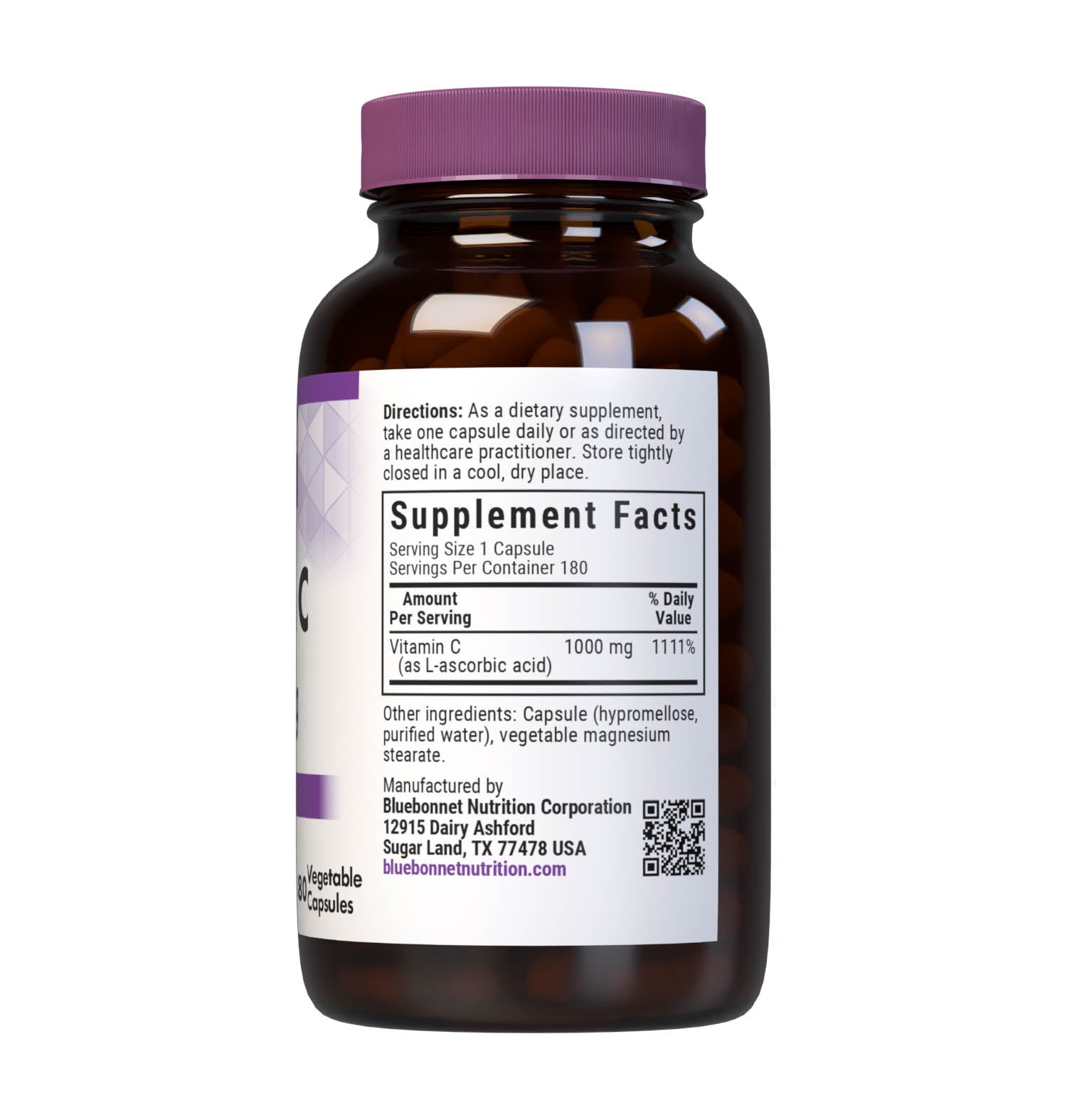 Bluebonnet Nutrition's Vitamin C-1000 mg 180 Vegetable Capsules are formulated with non-GMO, identity-preserved (IP) vitamin C from L-ascorbic acid to help support immune function. Supplement facts panel. #size_180 count