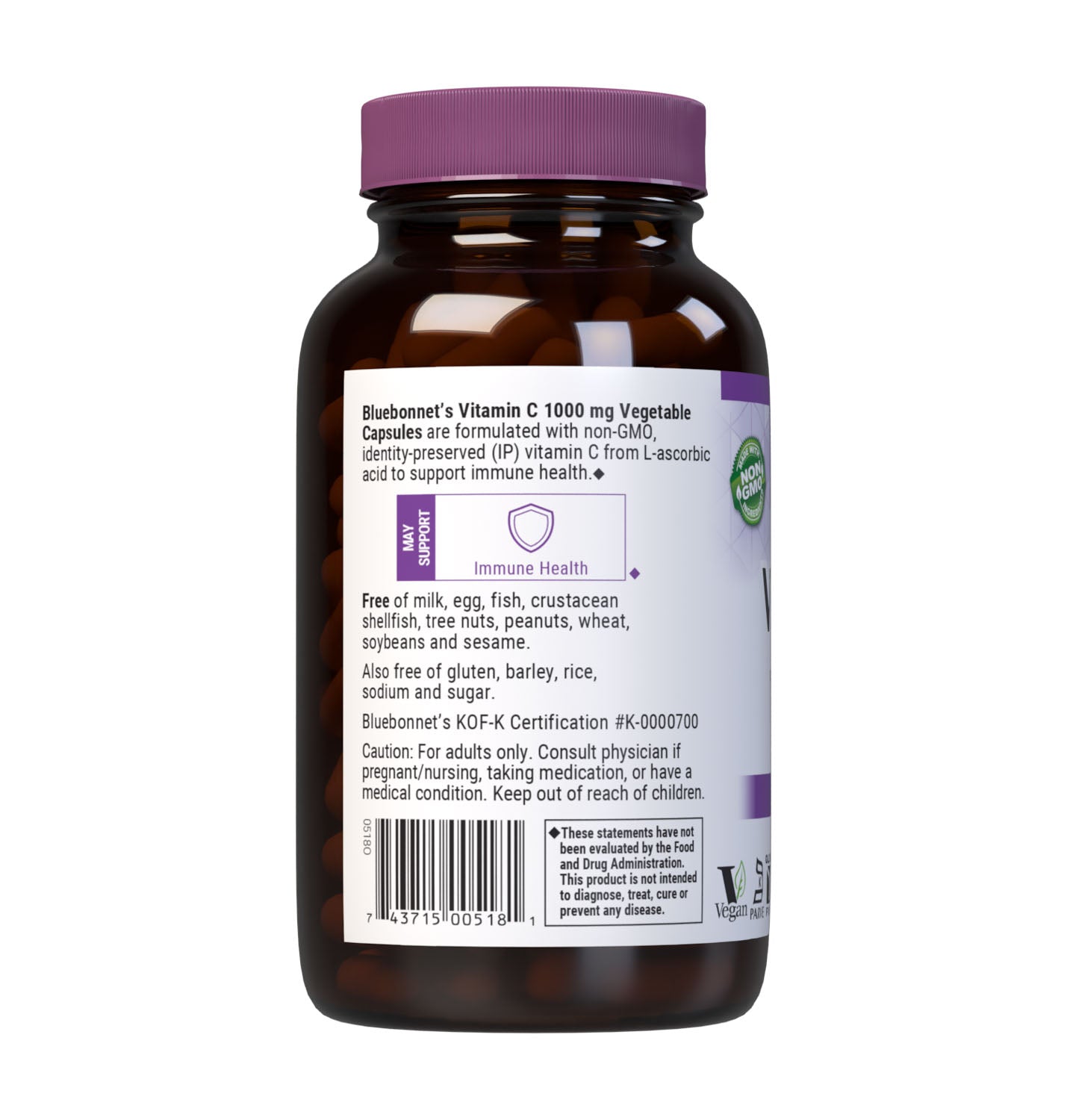 Bluebonnet Nutrition's Vitamin C-1000 mg 180 Vegetable Capsules are formulated with non-GMO, identity-preserved (IP) vitamin C from L-ascorbic acid to help support immune function. Description panel. #size_180 count
