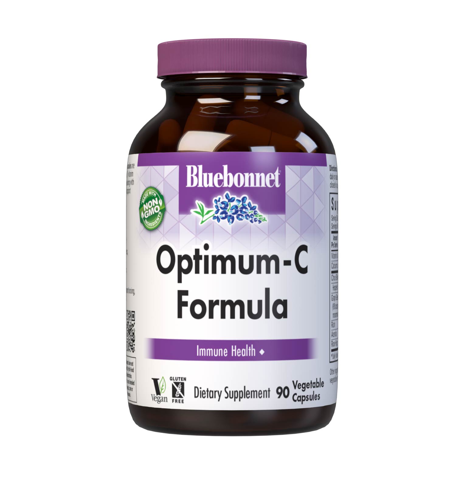 Bluebonnet’s Optimum-C Formula 90 Vegetable Capsules are formulated with non-GMO, identity preserved (IP) vitamin C from calcium ascorbate, rose hips and acerola along with citrus bioflavonoids and grape seed extract to help support immune function. #size_90 count