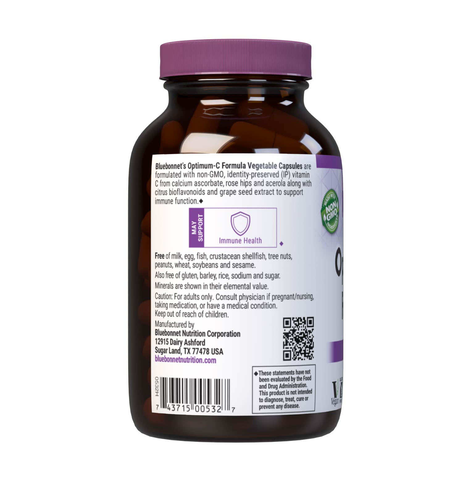 Bluebonnet’s Optimum-C Formula 90 Vegetable Capsules are formulated with non-GMO, identity preserved (IP) vitamin C from calcium ascorbate, rose hips and acerola along with citrus bioflavonoids and grape seed extract to help support immune function. Description panel. #size_90 count