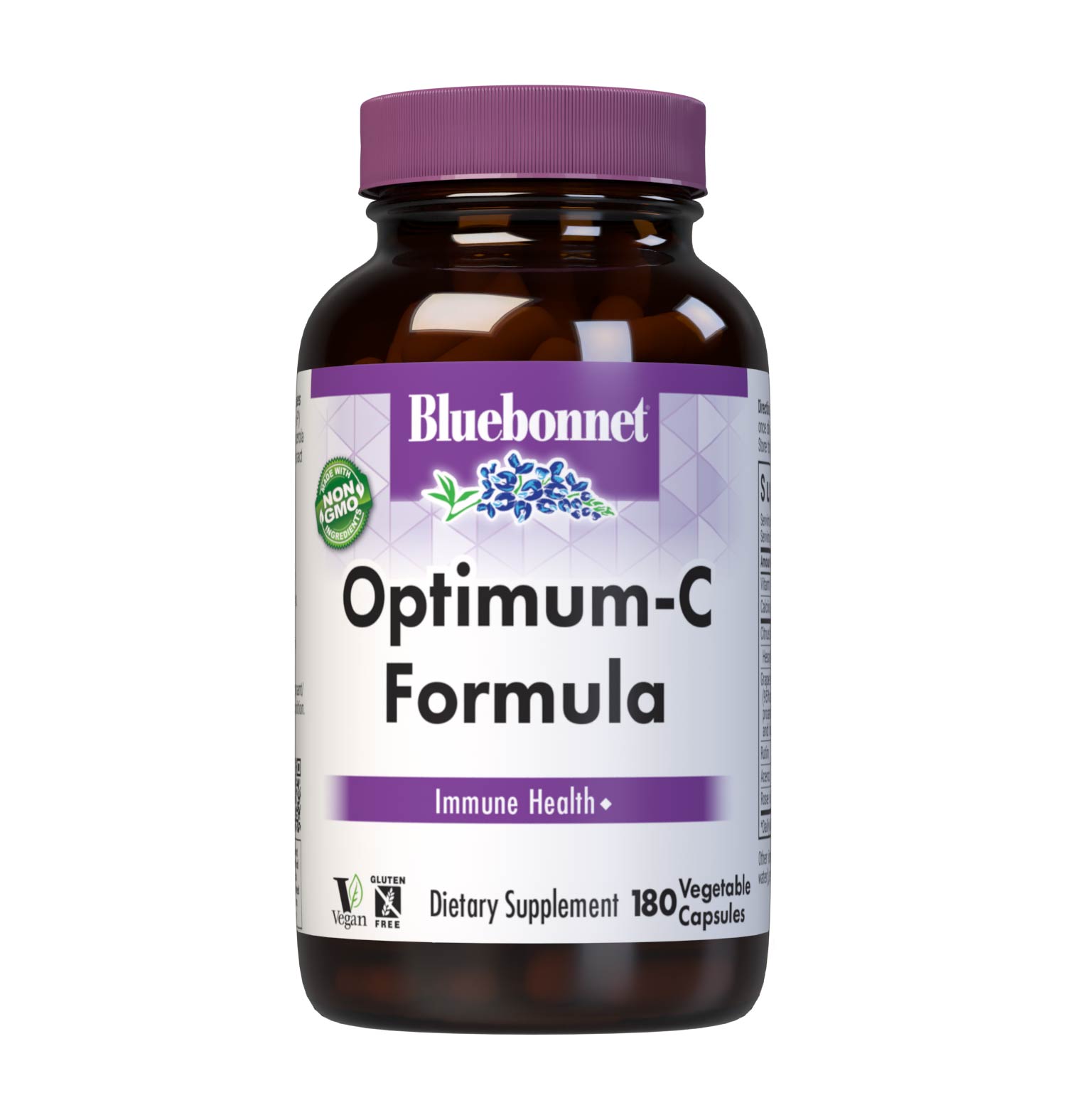 Bluebonnet’s Optimum-C Formula 180 Vegetable Capsules are formulated with non-GMO, identity preserved (IP) vitamin C from calcium ascorbate, rose hips and acerola along with citrus bioflavonoids and grape seed extract to help support immune function. #size_180 count