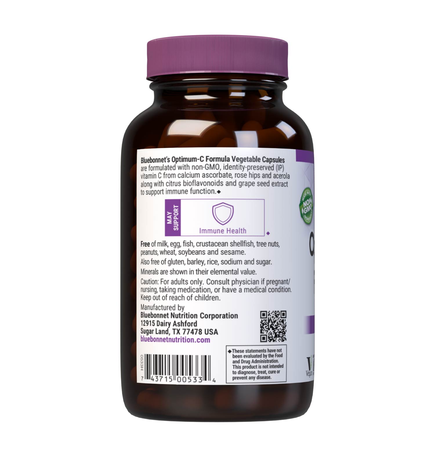 Bluebonnet’s Optimum-C Formula 180 Vegetable Capsules are formulated with non-GMO, identity preserved (IP) vitamin C from calcium ascorbate, rose hips and acerola along with citrus bioflavonoids and grape seed extract to help support immune function. Supplement facts panel. #size_180 count