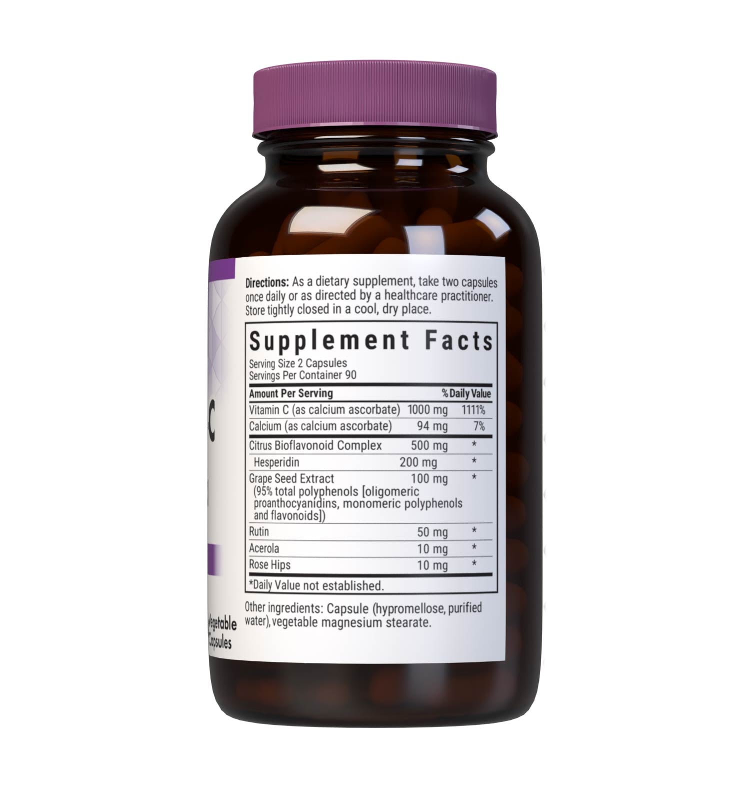 Bluebonnet’s Optimum-C Formula 180 Vegetable Capsules are formulated with non-GMO, identity preserved (IP) vitamin C from calcium ascorbate, rose hips and acerola along with citrus bioflavonoids and grape seed extract to help support immune function. Supplement facts panel. #size_180 count