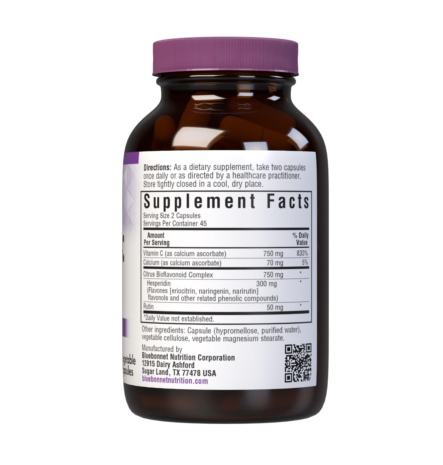 Bluebonnet’s Mega Bio-C Formula 90 Vegetable Capsules are formulated with high potency buffered vitamin C from calcium ascorbate and high potency citrus bioflavonoids complex from oranges, lemons, tangerines, grapefruits and limes plus, hesperidin and rutin for immune health. Supplement facts panel. #size_90 count